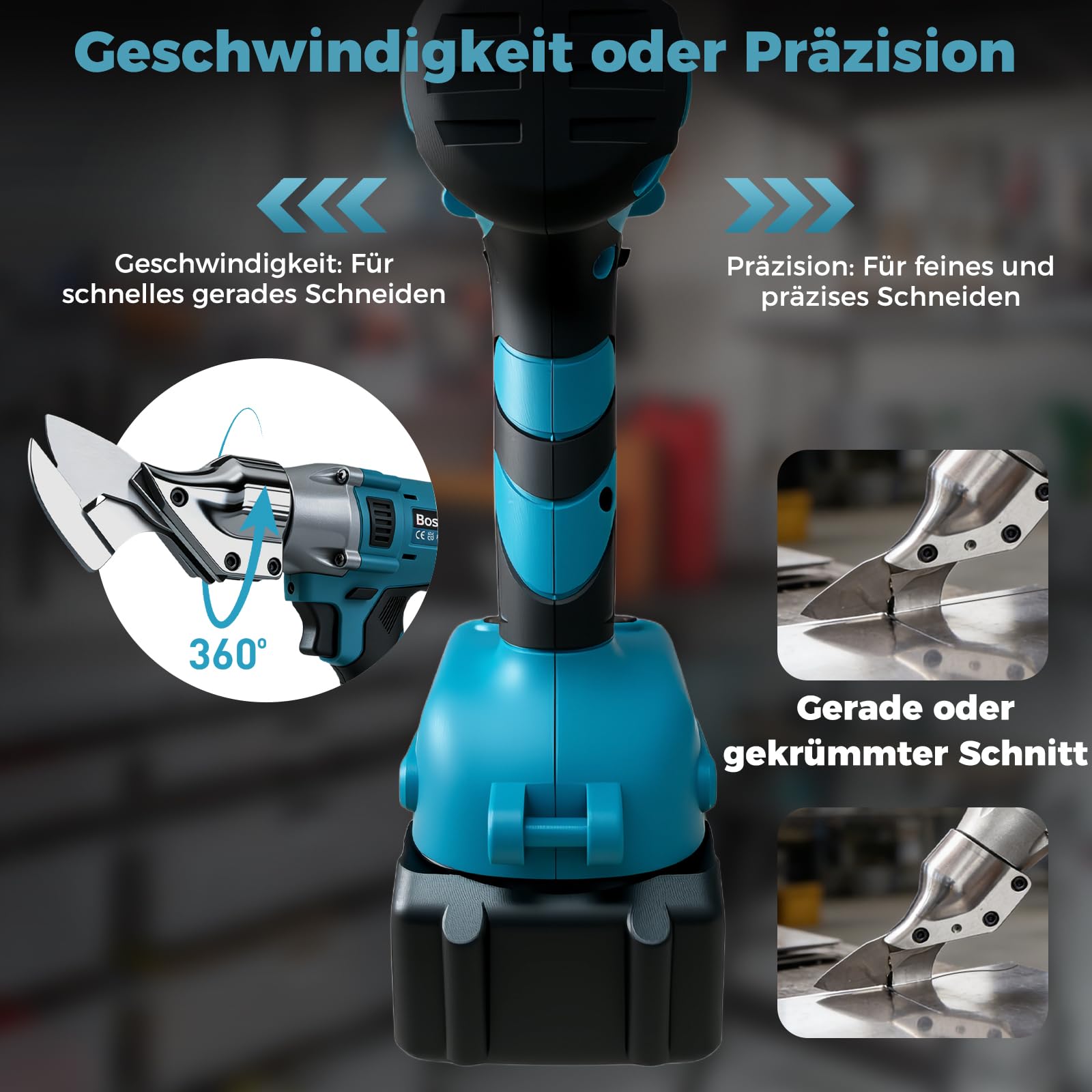 Bostar Akku Blechschere, Bürstenloser Motor mit 2x 4.0Ah Akku, Elektrischer Blechschneider für 1,5mm Metall & 2,0mm Alu, 360° Drehbarer Kopf, 2-Gang & Auto-Stopp, Kompatibel mit Makita 18V Akku