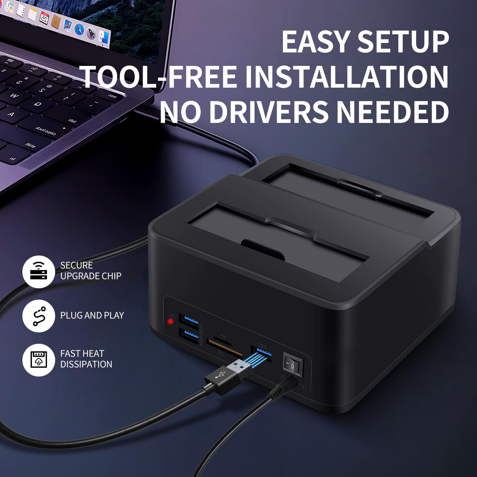 Station d'accueil Double Baie USB 3.0 pour disques durs/SSD SATA 2,5"/3,5" (jusqu'à 2x16TB) avec Lecteur de Cartes SD/microSD intégré. Prend en Charge Le clonage Hors Ligne, Le Plug & Play