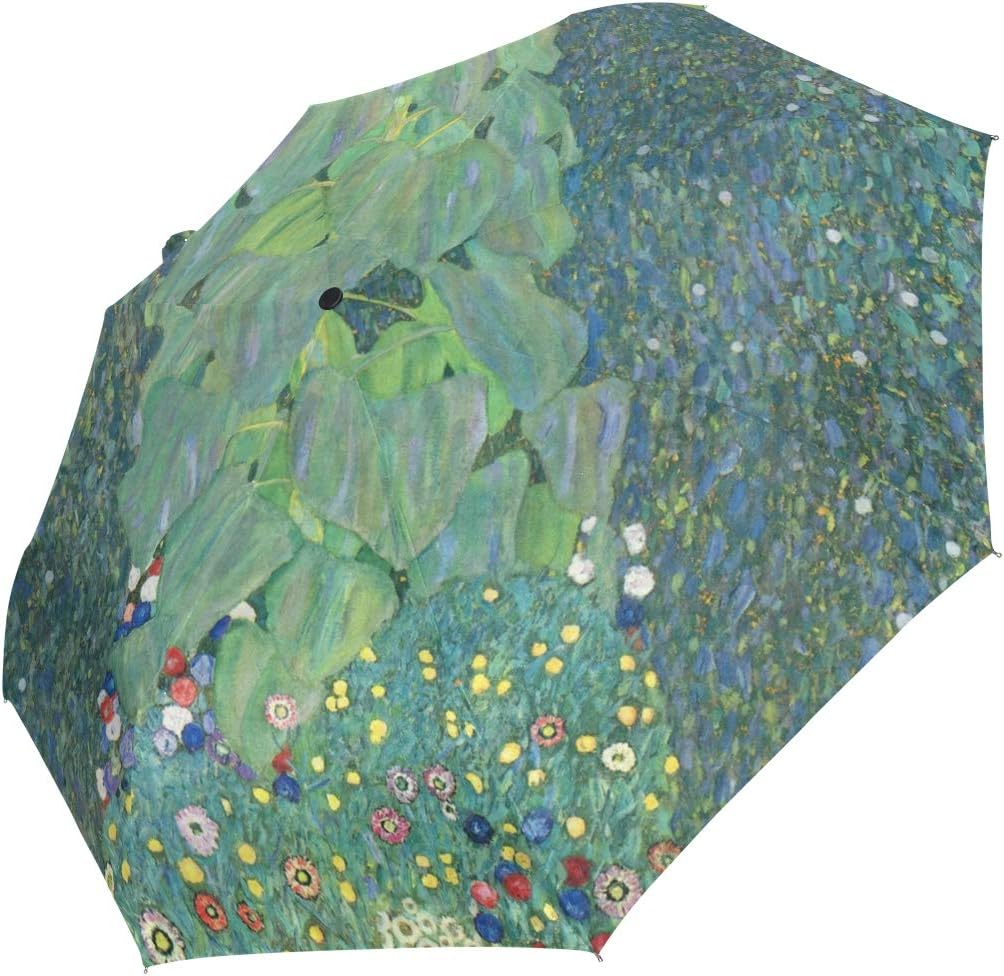 Auto Open Close Umbrella, Gustav Klimt Farm Garden Sunflowers Folding Travel Umbrellas for Rain and Sun