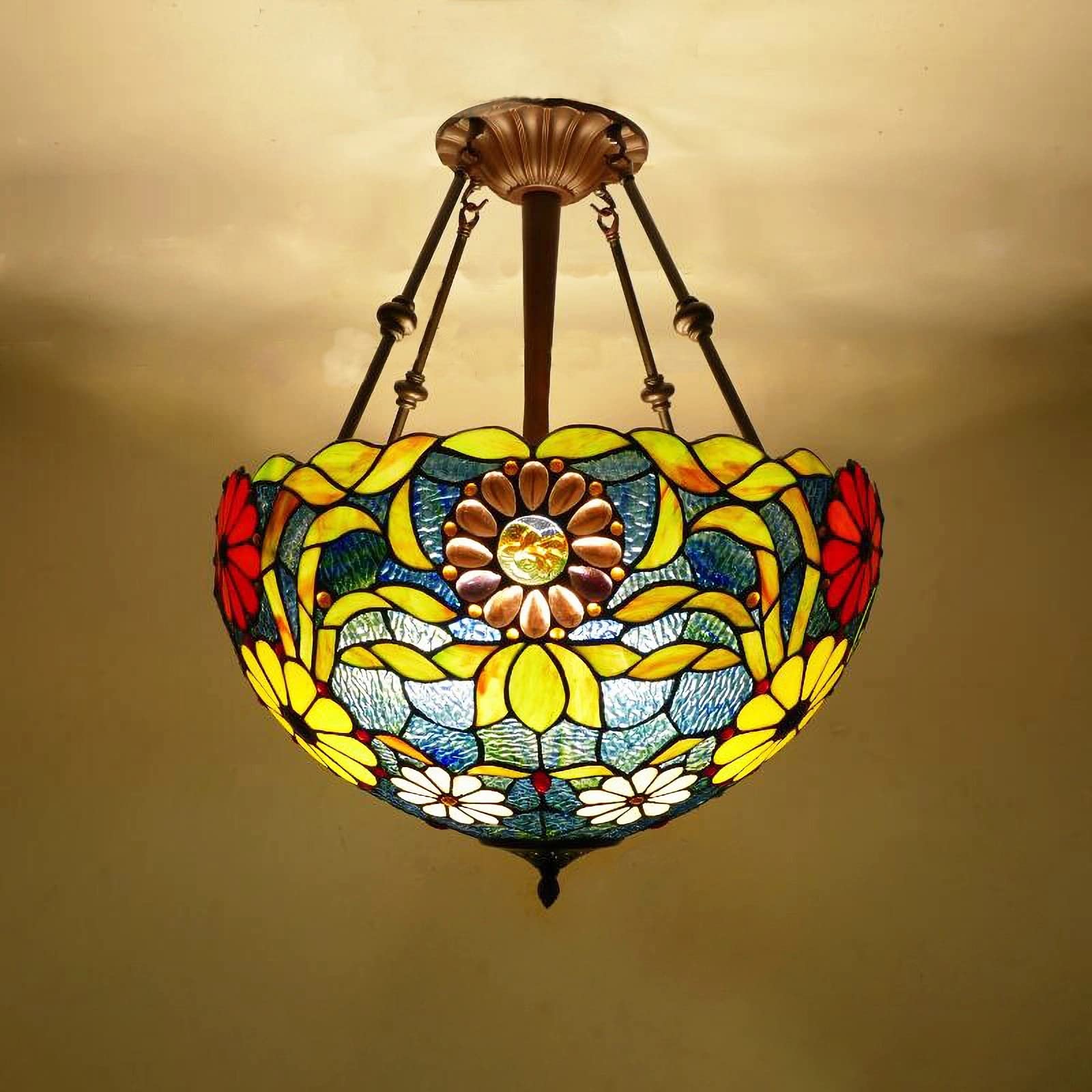Lustre Tiffany en vitrail artisanal luminaire de salon haut de gamme E27