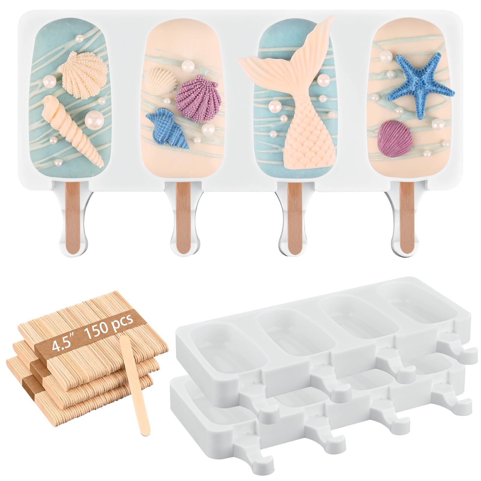 Sakolla 3 Pack Large Silicone Popsicle Molds with 150 Pcs Wooden Sticks