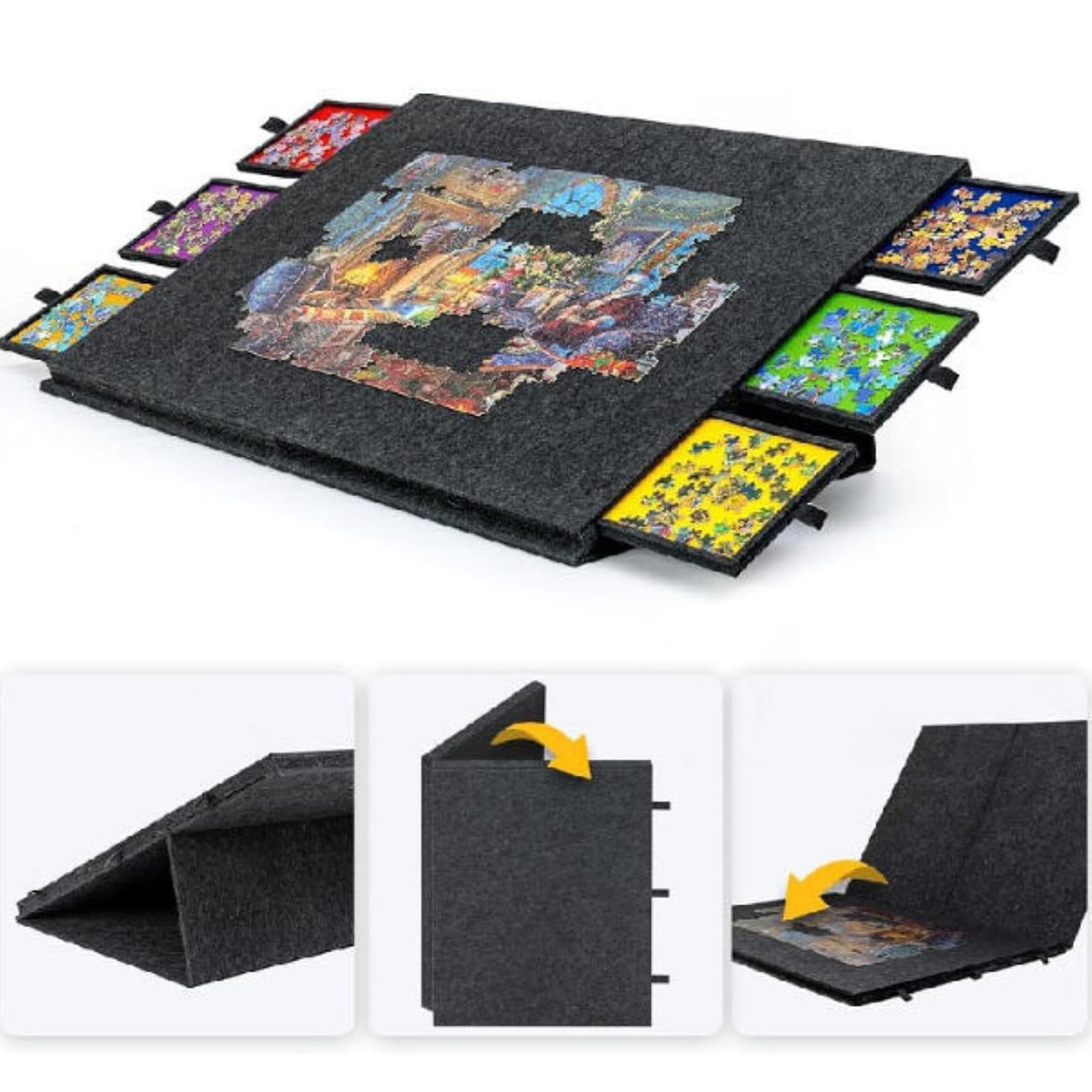 Uchylna Tablica Do Układania Puzzli, Stojak I Pokrywa 2 W 1 Przenośny Stół Do Układania Puzzli Z 6 Szufladami Lekka Filcowa Tablica Do Układania Puzzli Dla Dorosłych I Dzieci Na 2000 Elemen Dark Grey