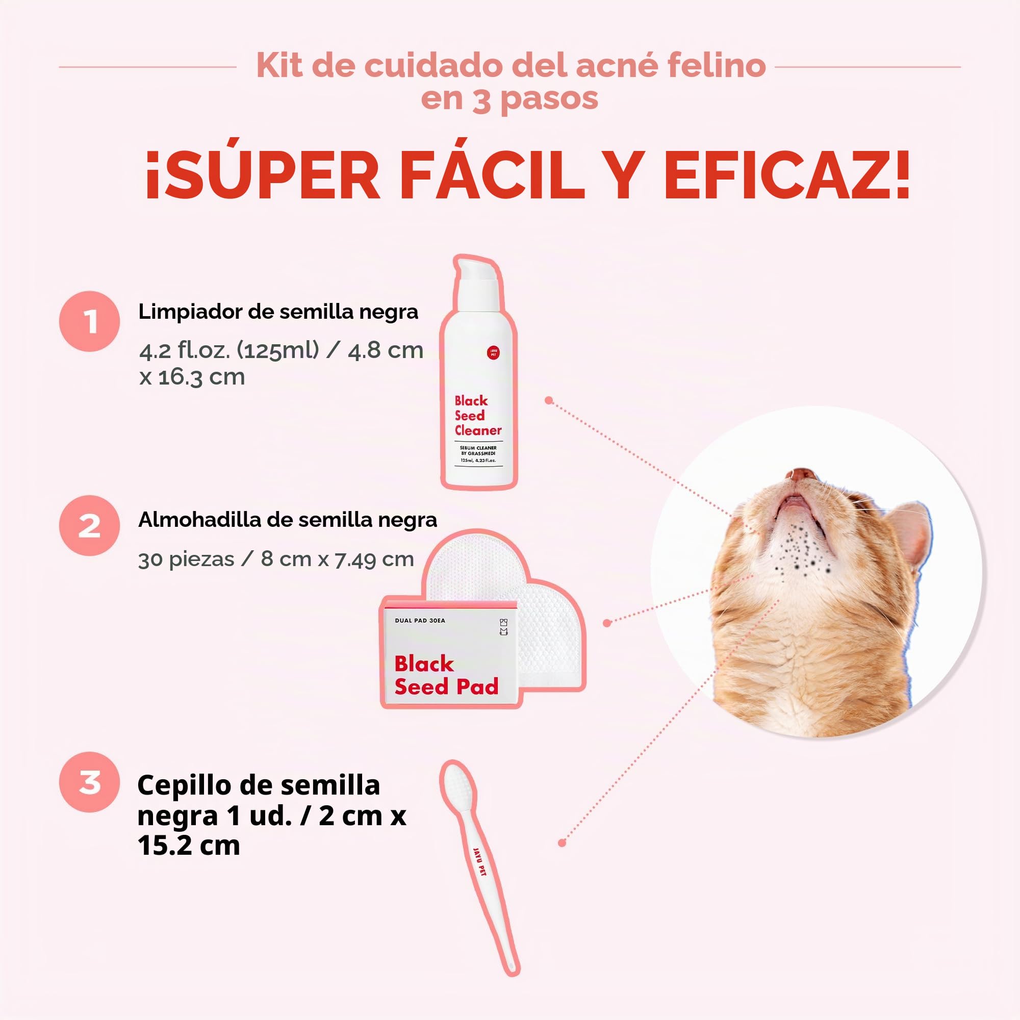 JAYU PET Kit de cuidado del acné de gato de 3 pasos, limpiador hipoalergénico para acné felino, almohadillas de doble cara para el acné de gato (1EA), toallitas de tratamiento de barbilla para el acné