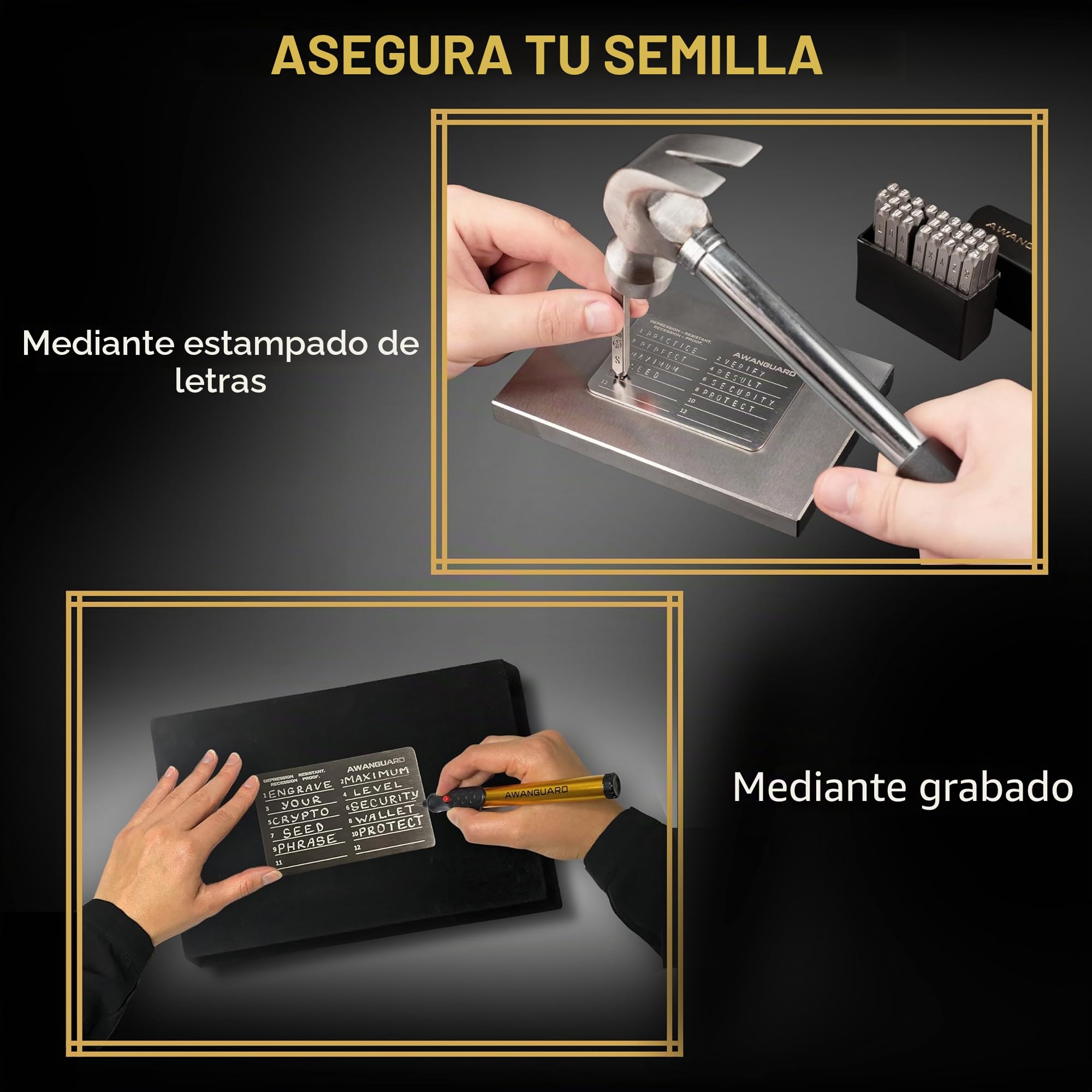 Monedero de Acero AWANGUARD Crypto - 3x24 SEED Phrase Placas de Acero Inoxidable, Crypto Wallet. Almacenamiento de Frases de Recuperación. Monedero de Criptomonedas, Almacenamiento de Frases Semilla