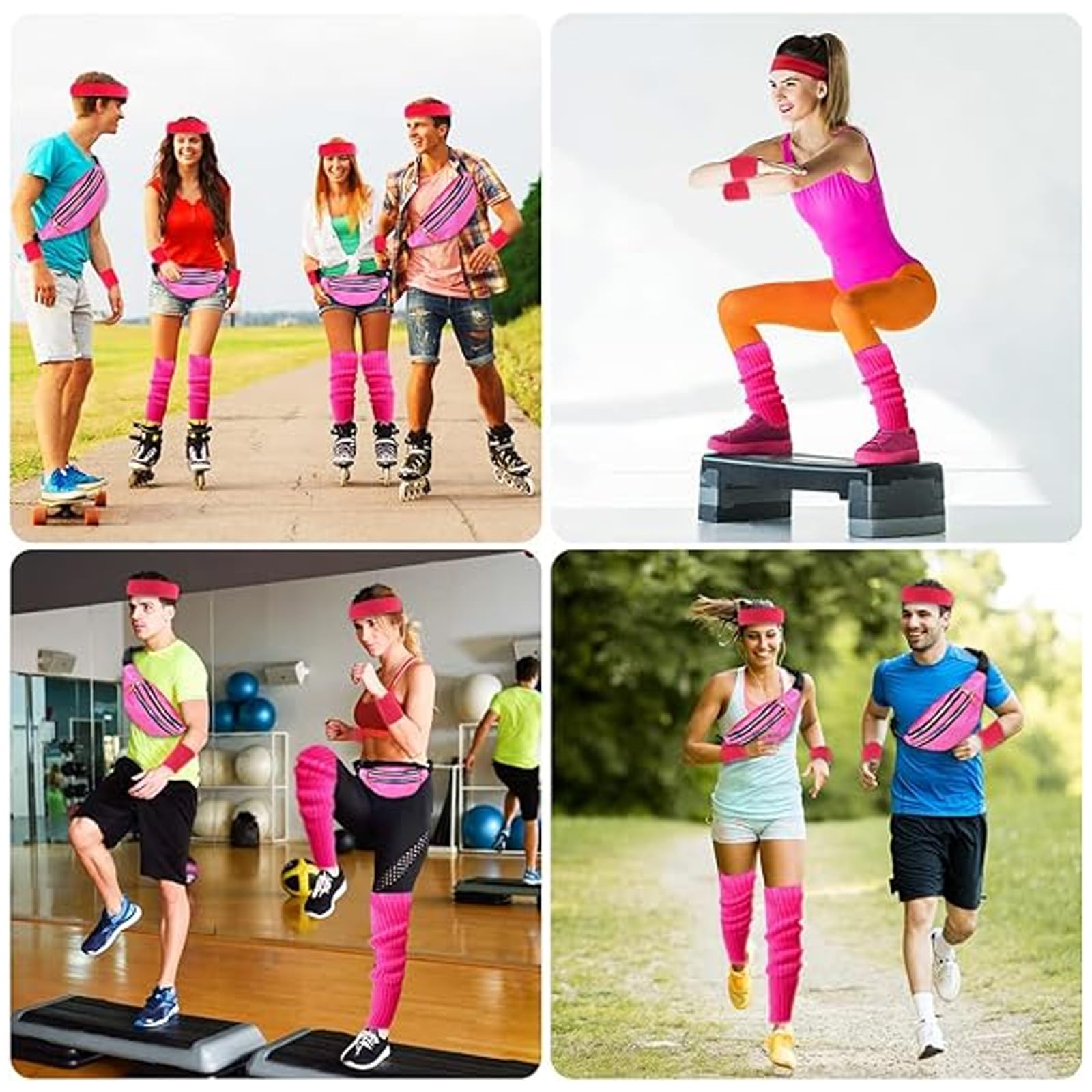 DAZZTIME 80er Jahre Outfit Damen,Damen 80er Jahre Workout Kostüm,80er Jahre Accessoires,90er Jahre Outfit,mit Bauchtasche,Stirnband,Beinwärmer,für Karneval,Halloween,Fasching,Mottoparty