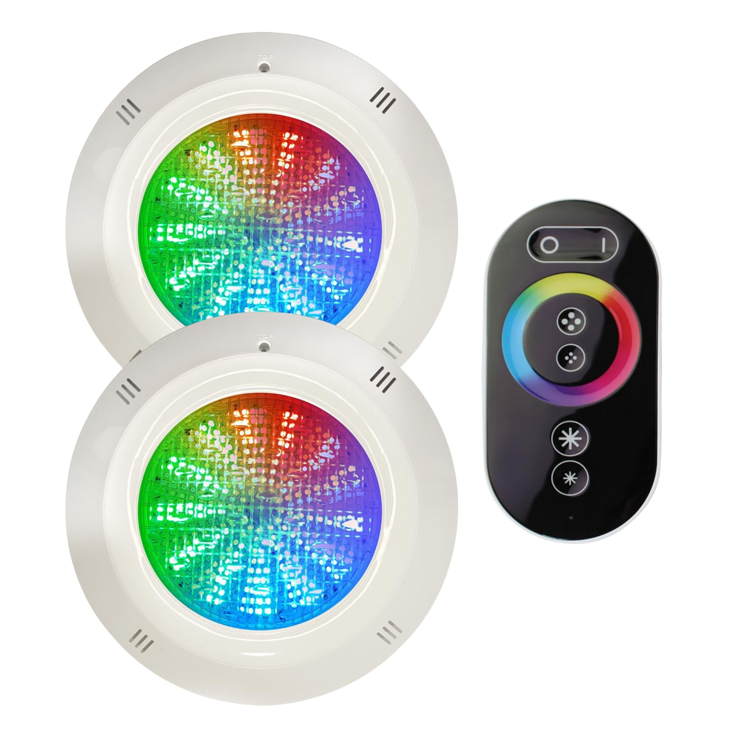 SWIMHOME Pack Iluminación Piscina | 2 Focos LED de Superficie + Control Remoto RGBV+ (Cable 4 hilos) | ABS Blanco Resistente | Ø29cm 35W 12V/DC RGBV+ Cable 4 Hilos