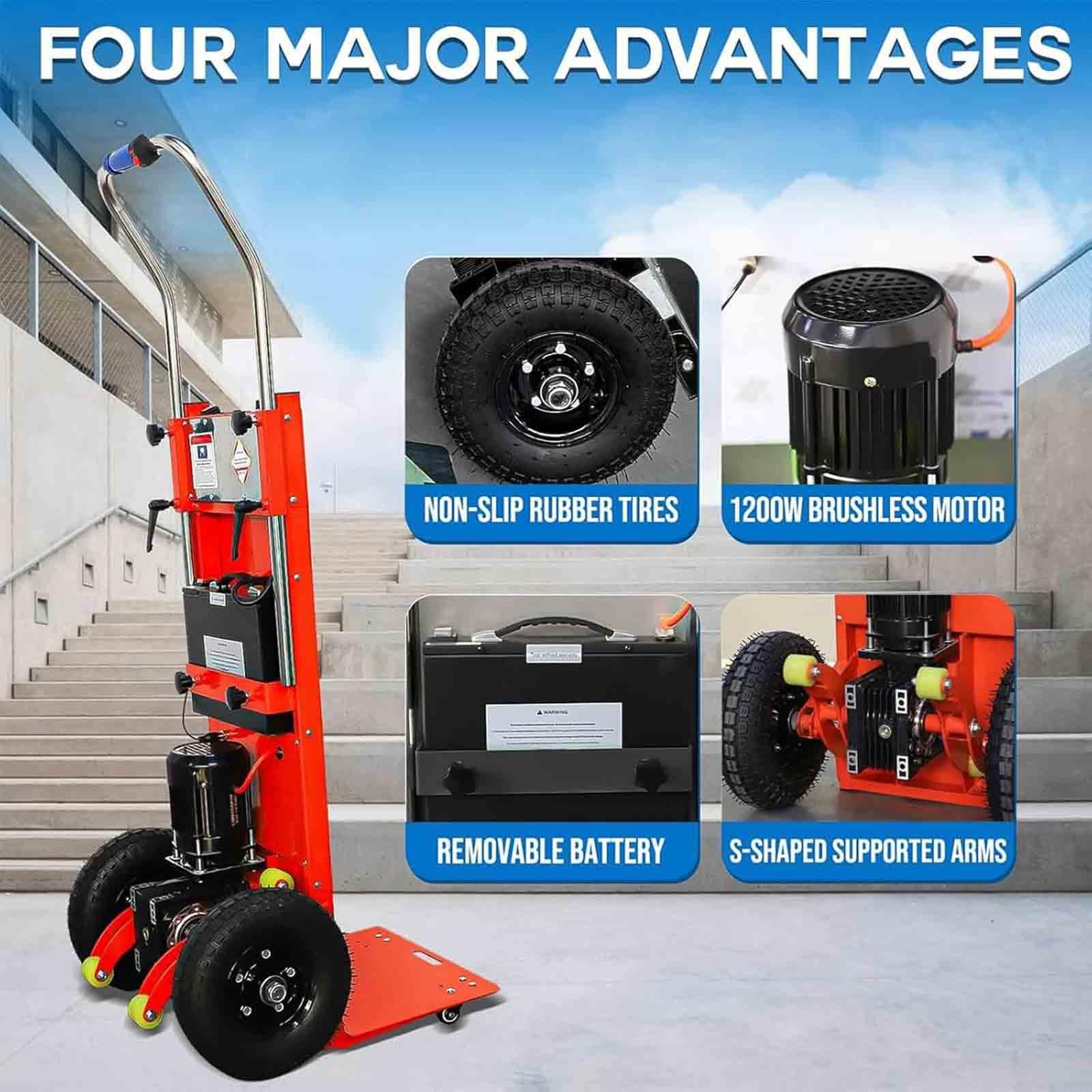 Carrello elettrico per salire le scale con manico telescopico, motore brushless da 1200 W, batteria rimovibile, capacità di carico 400 kg, carrello resistente per un facile trasporto delle scale