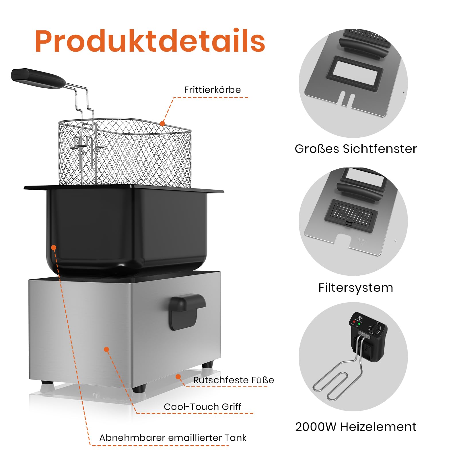 Fritteuse Elektrische 2000W Edelstahl Fritteuse mit Öl 3L | Antihaft Beschichtung Einstellbare Temperaturkontrolle 130-190°C Überhitzungsschutz Kaltzonen Funktion Leicht Zu Reinigen