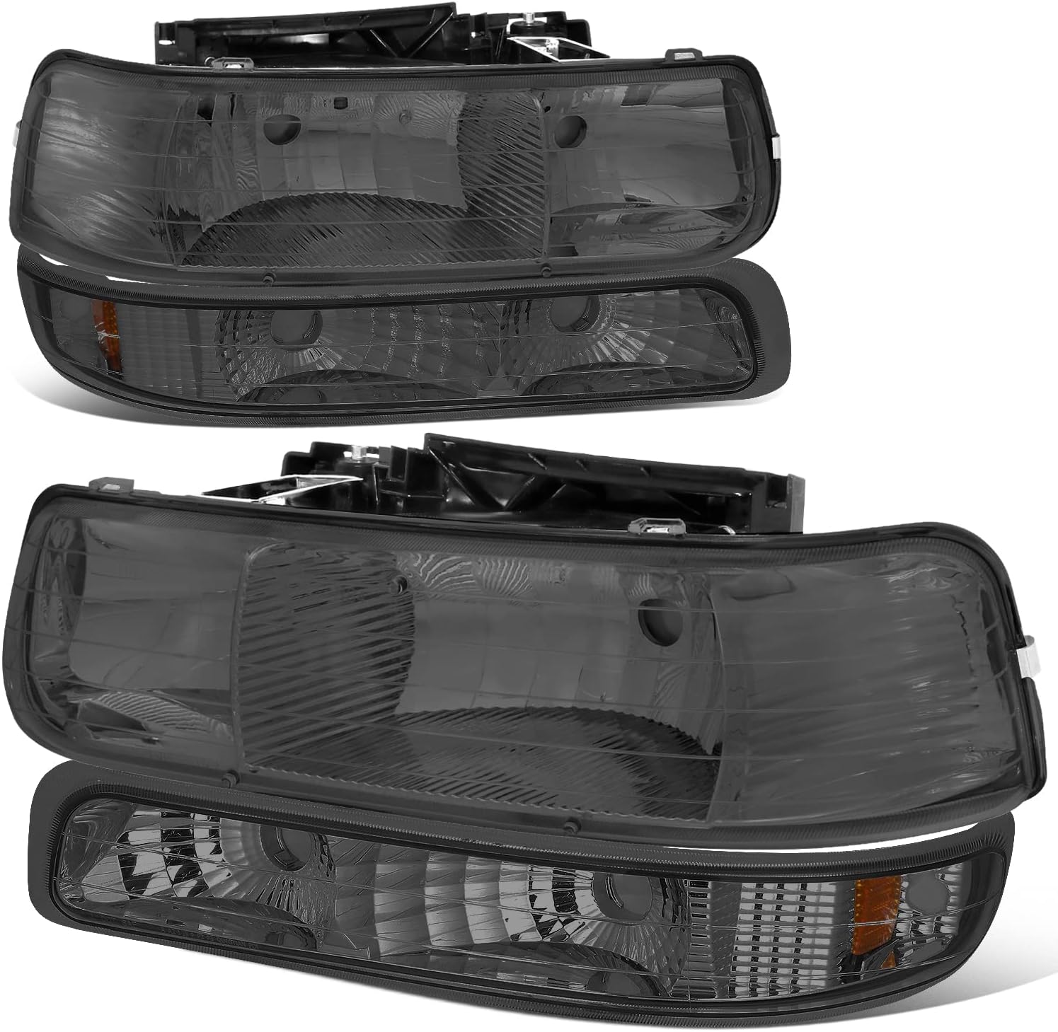 Auto Dynasty Headlights Assembly Compatible with 1999-2006 Chevy Silverado Suburban Tahoe 1500 2500 HD 3500, 4Pcs Halogen Headlamps Replacement w/Bumper Lamps, Smoked Lens Amber Corner