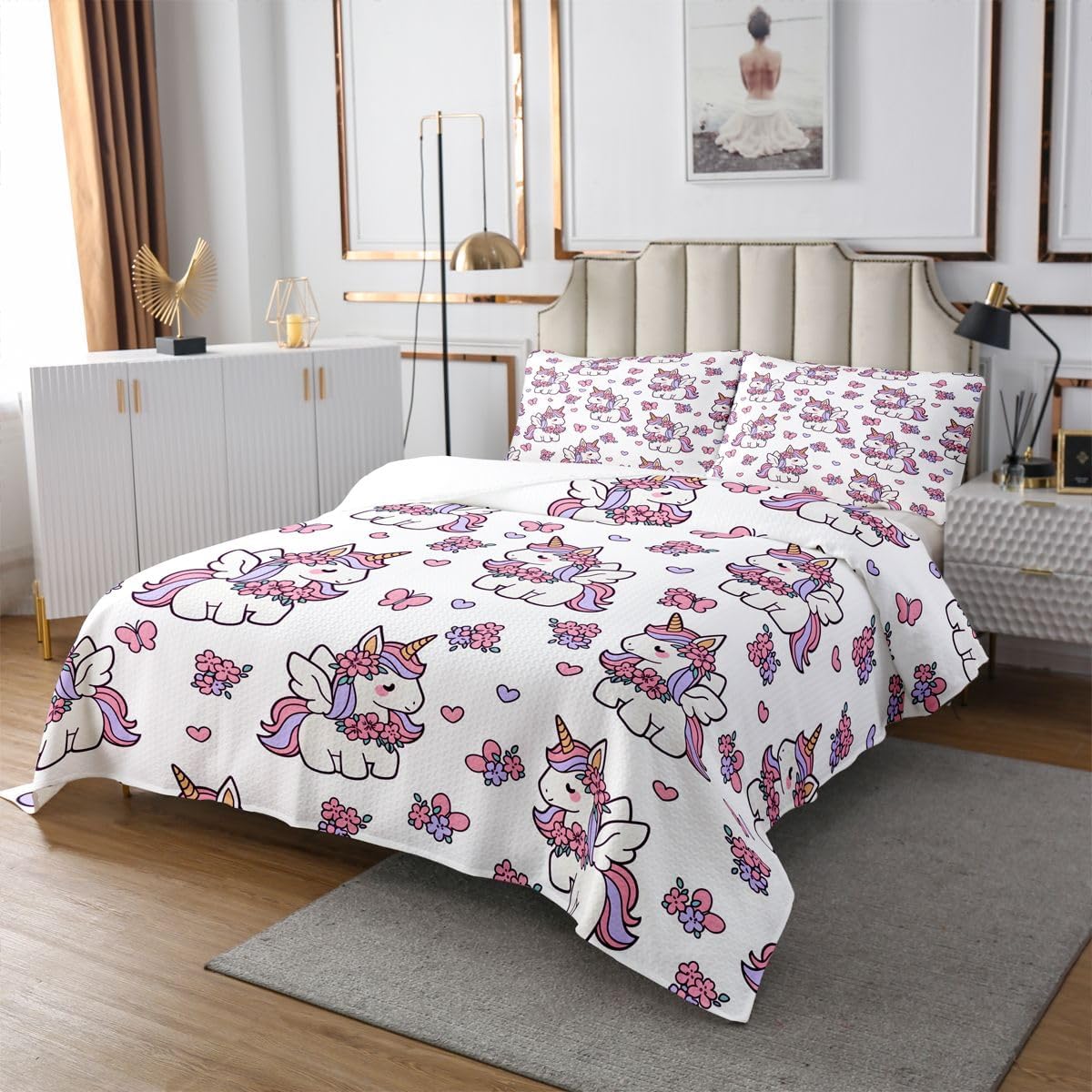 Feelyou Cute Unicorn Bedspread Quilts Flower & Butterfly Coverlet Set Queen Size for Kids Boys Girls White Quilted Coverlet for All Season with 2 Pillowcases Microfiber