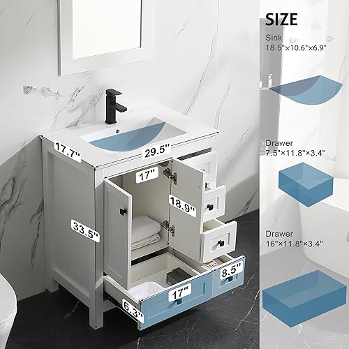 Miniatura 9 de LUCKWIND Mueble de baño de 24 pulgadas con fregadero, moderno armario de almacenamiento de baño pintado con parte superior de fregadero de cerámica