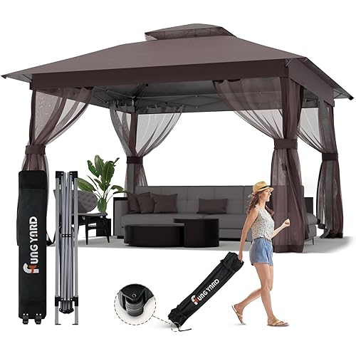 11x11 Outdoor Pop Up Gazebo - Instant Canopy Tent with Mosquito Nettings, Double Roof Vented Patio Gazebo Canopy Shelter for Backyard Shade Deck Garden Lawns (11x11ft Brown)