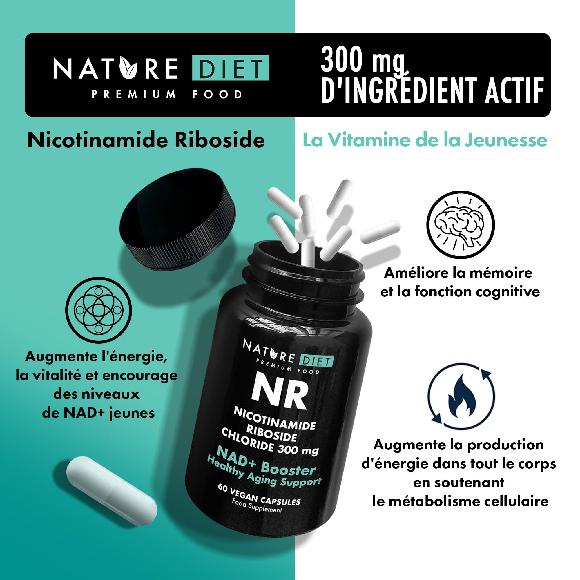 Nature Diet NR - 300 mg de Riboside de Nicotinamide - NAD+ Booster - 60 Capsules Végétaliennes - Soutien au Vieillissement Sain - La Vitamine de la Jeunesse