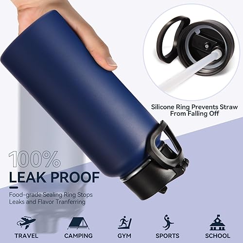 Miniatura 6 de Neihepal - Botellas de agua aisladas de 32 onzas a granel con 2 tapas (pajita y boquilla), botella de agua de acero inoxidable de doble pared, Azul