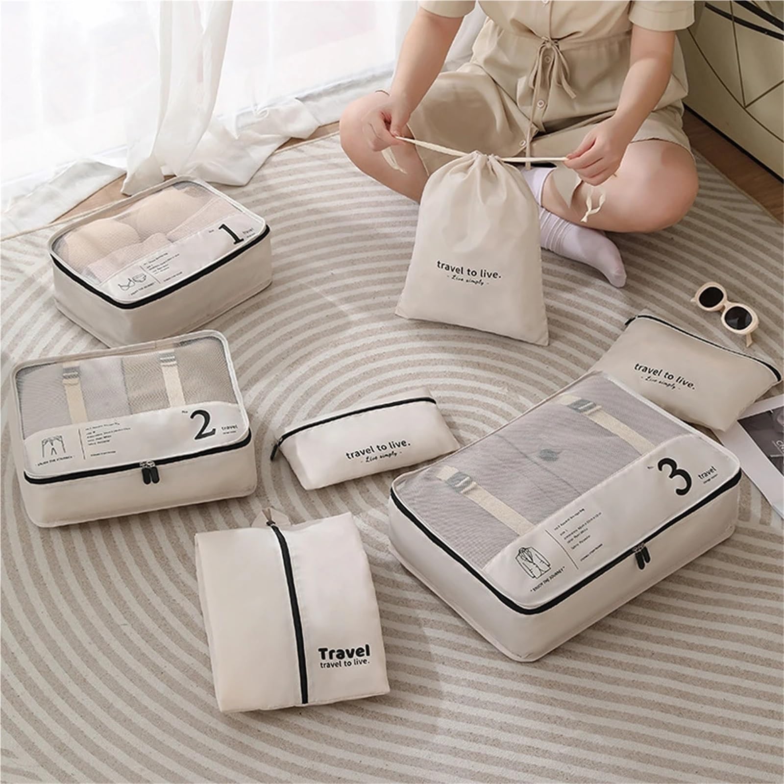Set di 7 cubi da viaggio organizer, borse leggere e versatili per Vestiti, Scarpe, Cosmetici(WHITE)