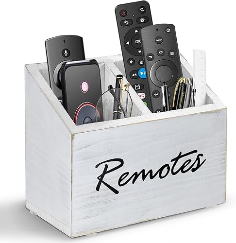 Soporte de control remoto de madera de acacia organizador de almacenamiento remoto organizadores de escritorio de madera con 2 compartimentos