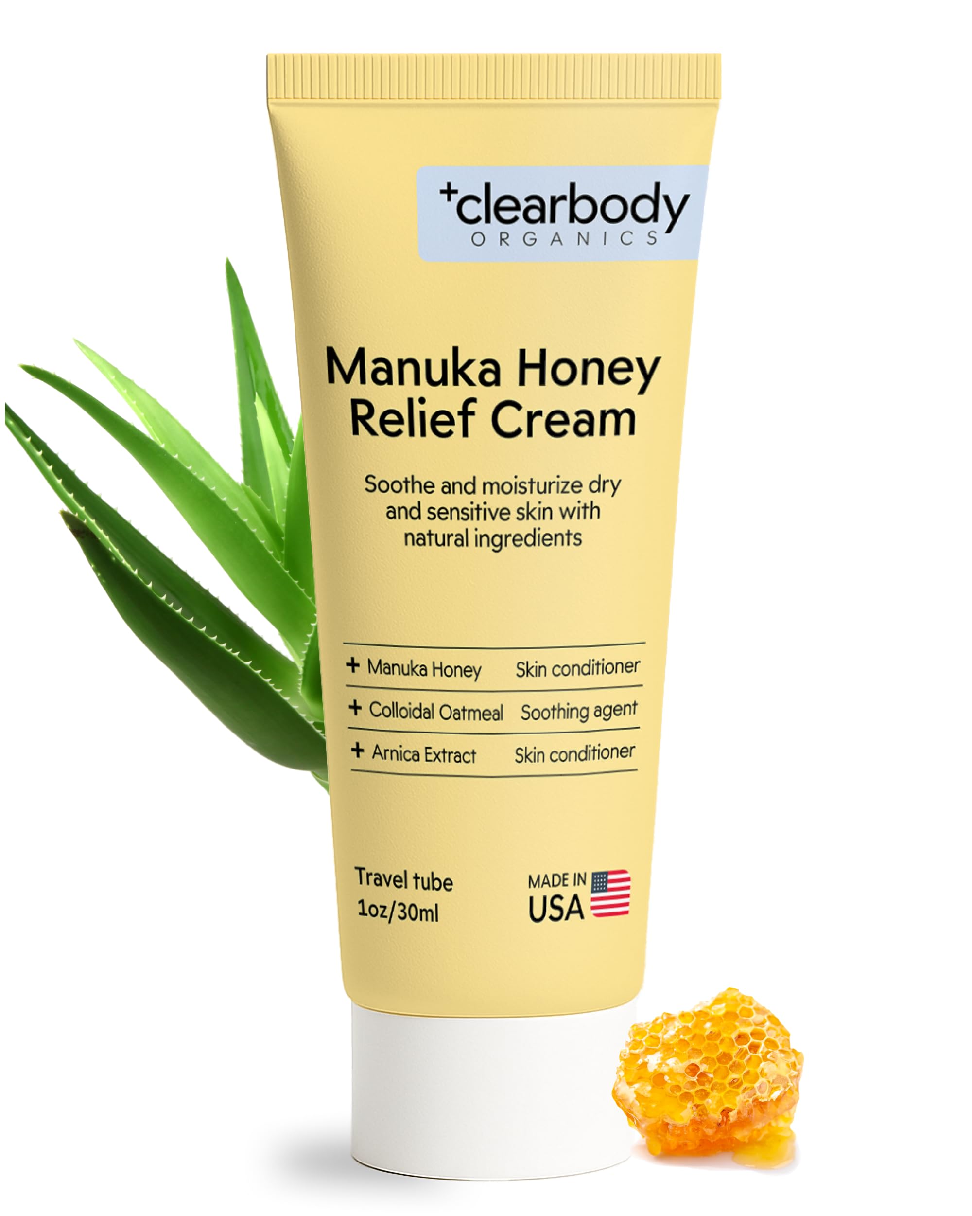 Clearbody Organics Manuka Honey Cream for Ezcema & Dry Skin - Manuka Honey Ointment - Colloidal Oatmeal, Aloe & Natural Ingredients - Fast Relief Lotion for Reactive Skin - No Greasy Residue - 1 oz