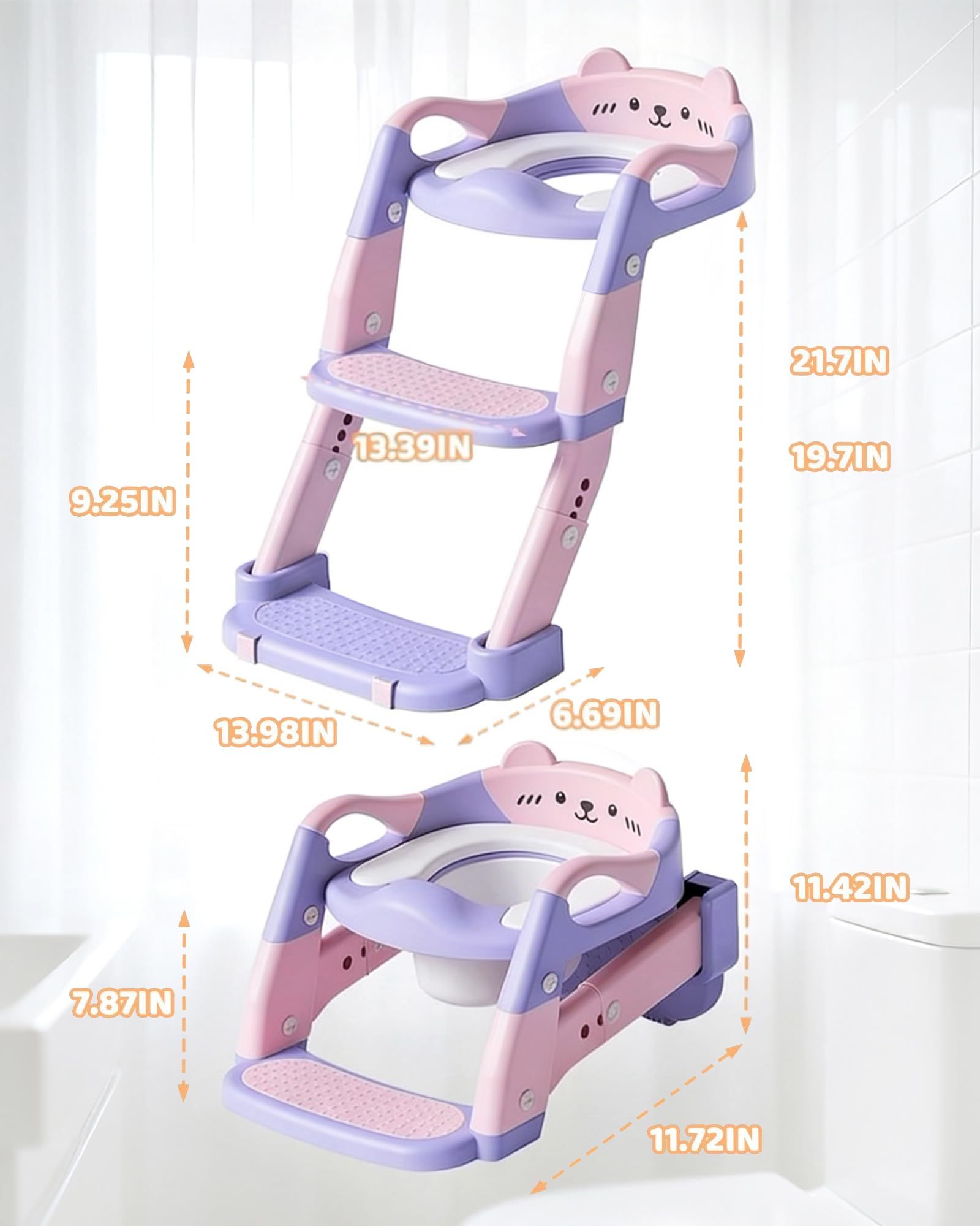 Riduttore WC Bambini, Scaletta WC Pieghevole 3 in 1 per Bambini, Antiscivolo e Impermeabile, con Paraspruzzi, Sedile WC per Bambini per L'addestramento Indipendente dei Bambini al Vasino (Viola)
