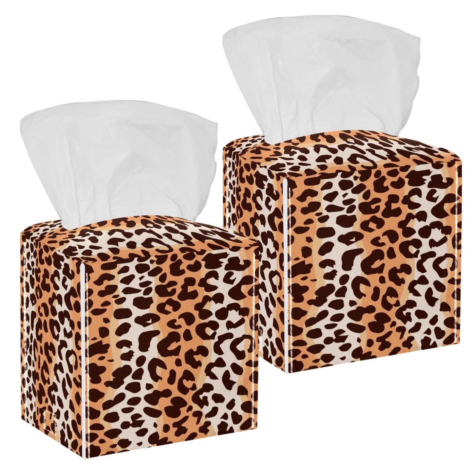 2 Pack Leopard Tissue Box Cover Holder Square Tissue Foldable Cube Cover PU Leather Tissue Organizer with Bottom Belt for Bathroom, Tabletop, Car, Night Stands, Office