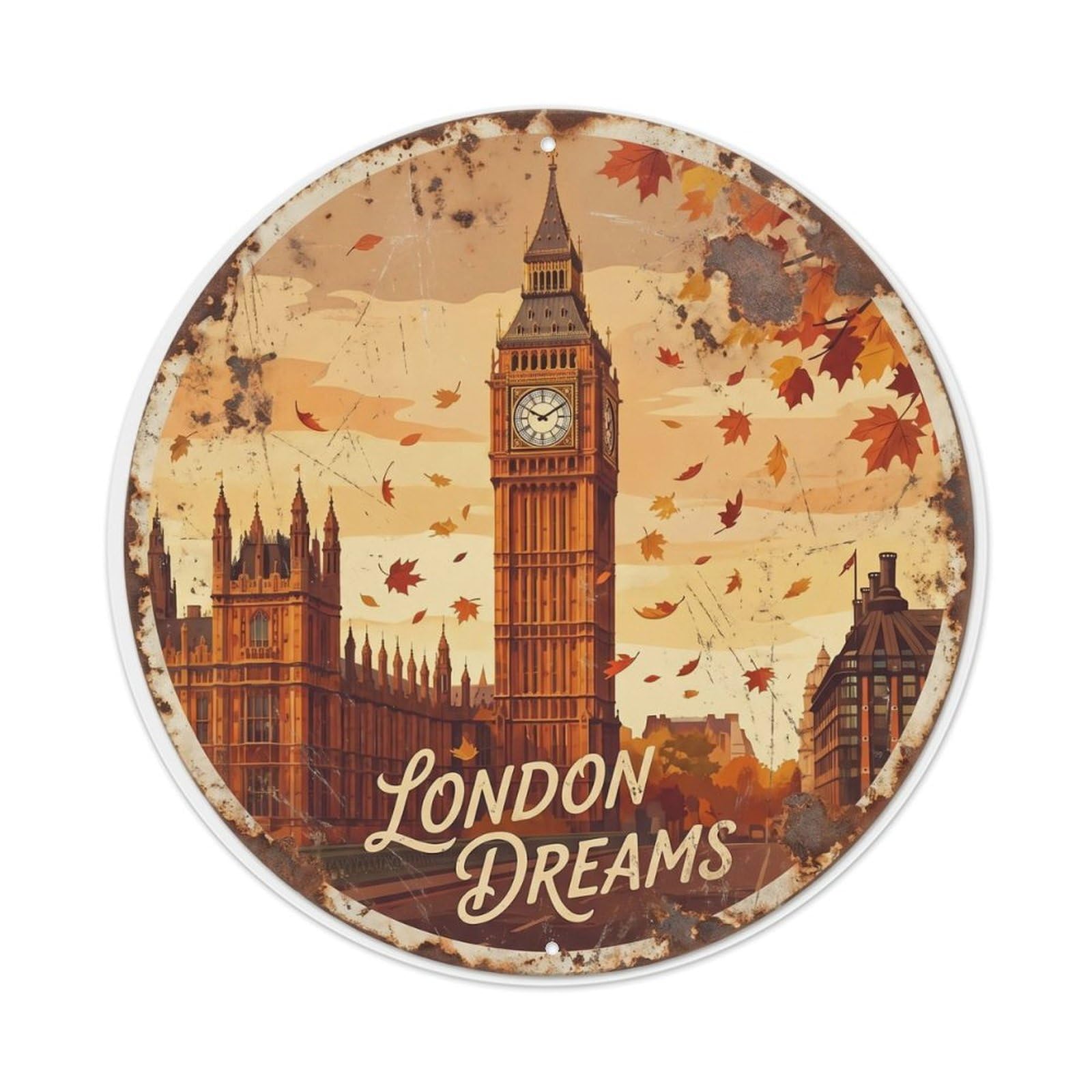 Vintage Travel England Tower Autumn Metal Tin Sign