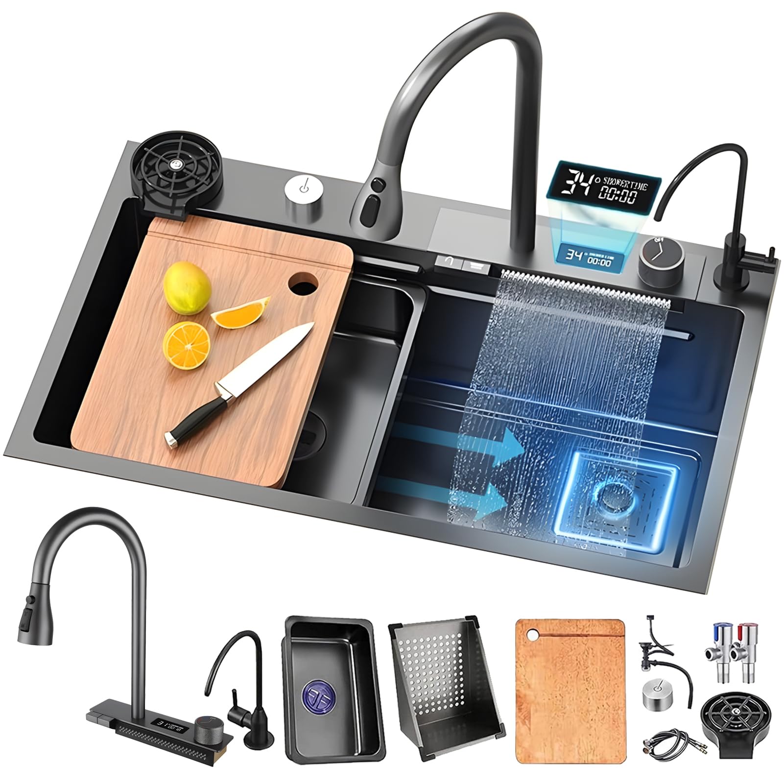 Fregadero de Cocina de 1 Cubeta 68x45 cm, Negro cascada Fregadero de Acero Inoxidable, con Grifo Cocina Extraible, cesta de drenaje, sifón, rebosadero y desagüe así como otros accesorios