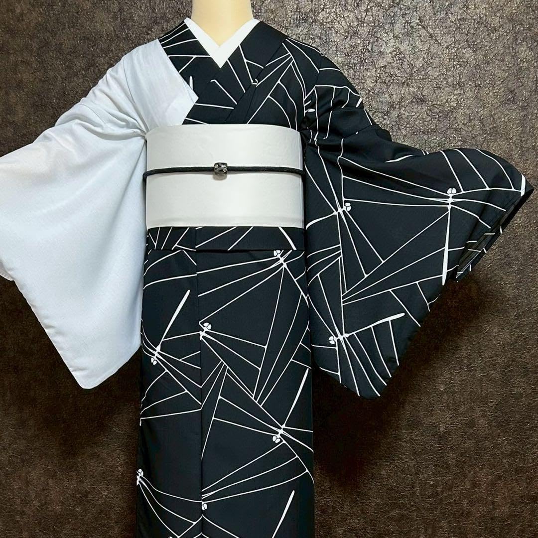 浴衣　夏　単着物　白×黒　吸湿速乾　半身仕立て　片身替わり　帯　0807⑬ 浴衣 夏 単着物 白×黒 吸湿速乾 半身仕立て 片身替わり 帯 0807⑬ 浴衣