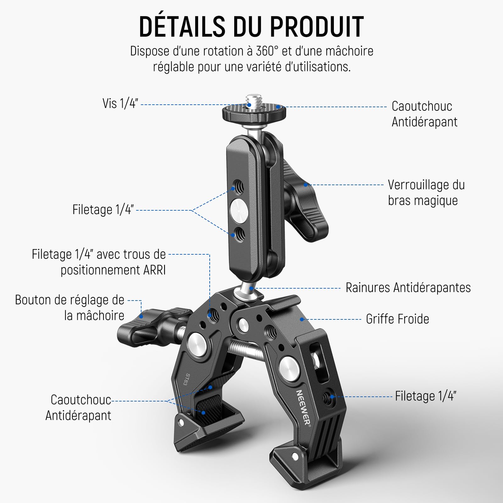 NEEWER Super Pince avec Bras Magique à Double tête sphérique de 7,6cm Griffe Froide Filetage 6,35mm Adaptateur Montage téléphone/action cam pour trépied Bureau Compatible avec SmallRig GoPro DJI, ST83