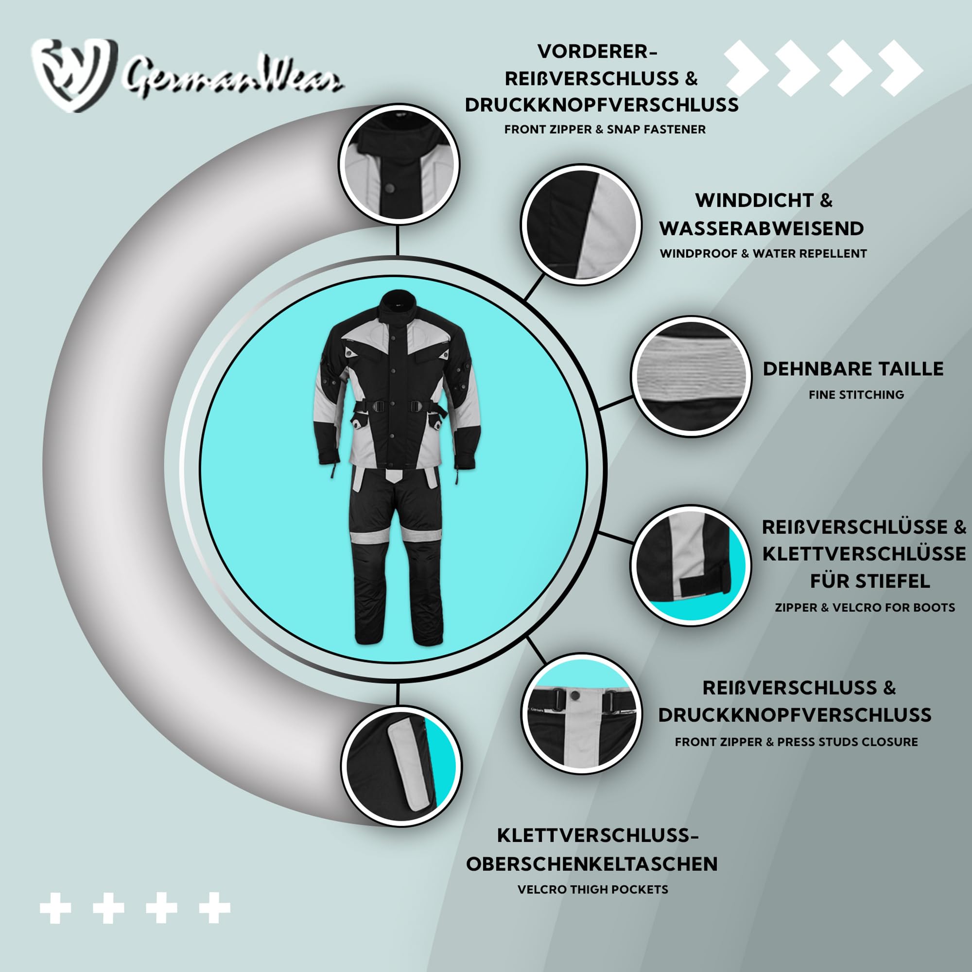 German Wear Męski kombinezon motocyklowy, 2-częściowy, z ochraniaczami, kombinezon motocyklowy, lekka tekstylna kurtka motocyklowa długa + spodnie motocyklowe, kurtka motocyklowa, wyjmowana wyściółka