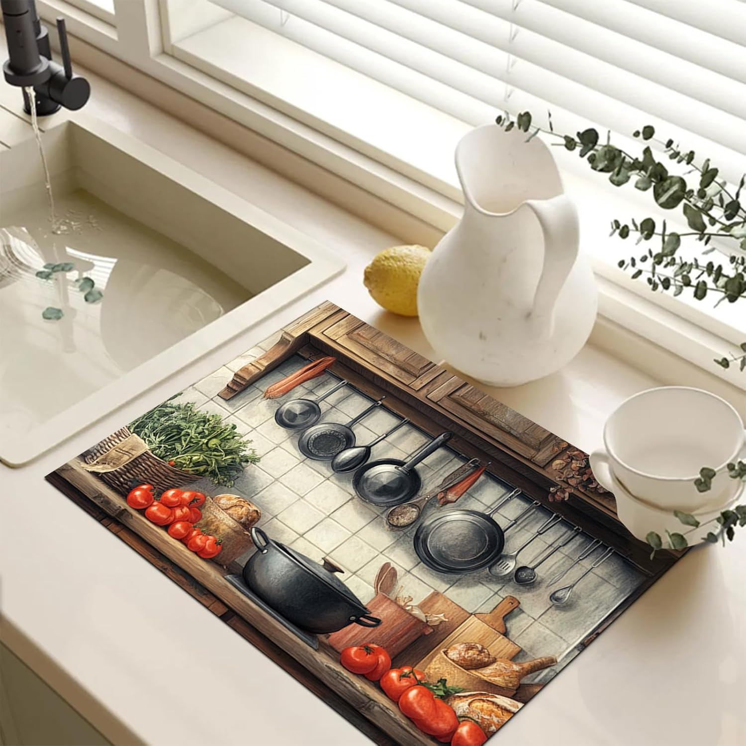 HOMETITUTE Stove Top Covers 28x20 Inches for Electric Cooktop Cover Heat Resistant Countertop Protector Dish Drying Mats Coffee Bar Mats Rustic Kitchen Tomato Bread Design Decorations