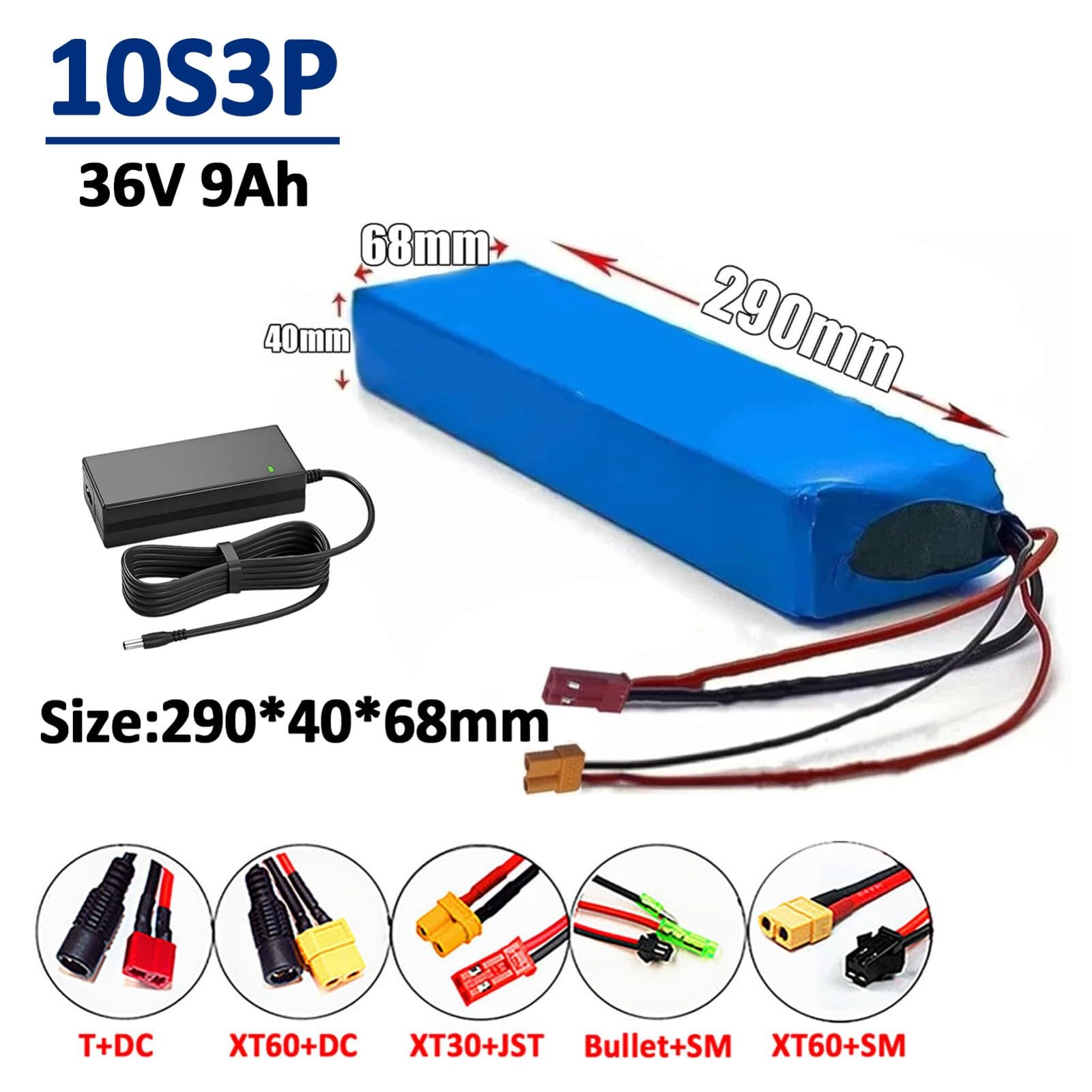 Batería De Litio De 36 V Y 9 Ah para Bicicleta Eléctrica con Cargador, Protección BMS Integrada, Batería Recargable 10S3P para Patinete Eléctrico.