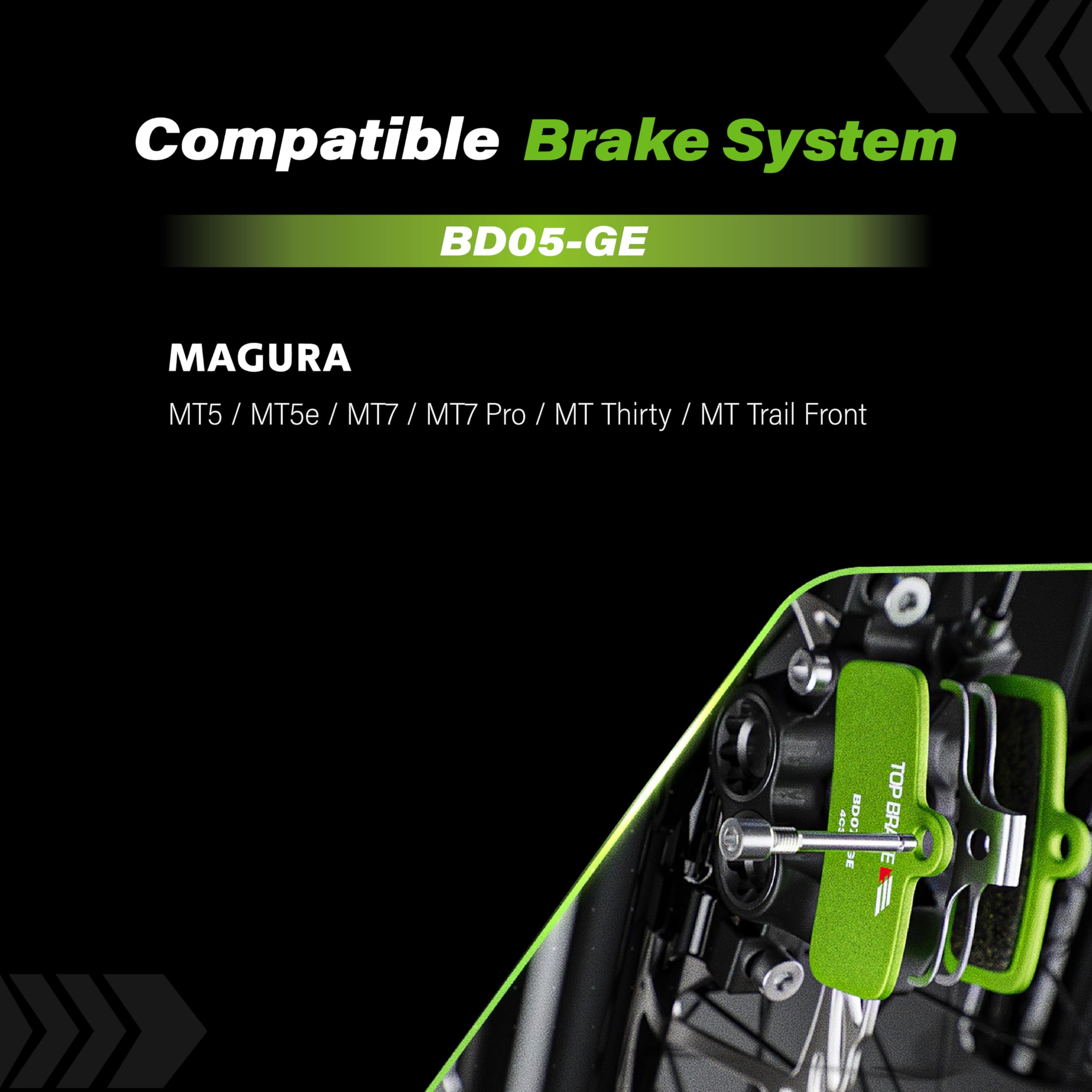 Klocki hamulcowe tarczowe TOP BRAKE kompatybilne z MAGURA MT5 MT5e MT7 MT7 PRO MT Thirty, wykonane z grafenu, trwałe, ciche i płynne | VAE, MT5e, MT5e, Downhill, Enduro | zielone (2 pary)