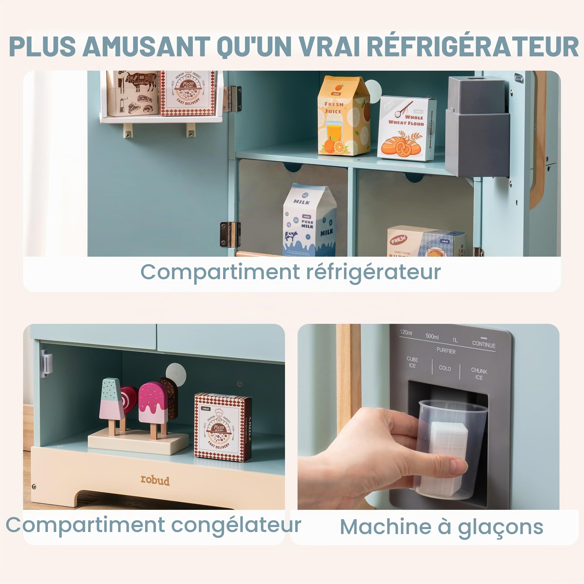 ROBUD Réfrigérateur en Bois réaliste et interactif avec bac à glaçons et Jouets Alimentaires, Convient aux Enfants à partir de 3 Ans