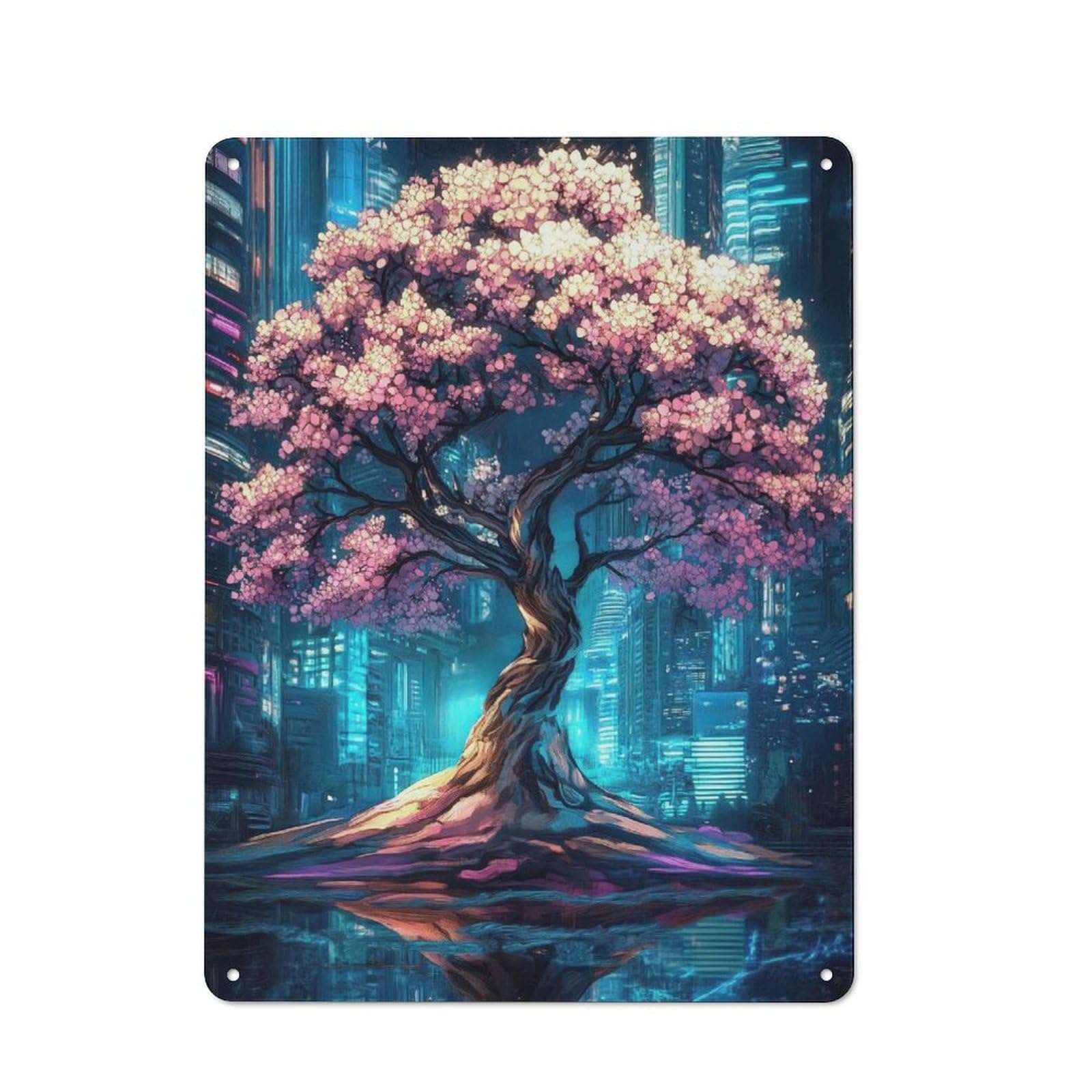 Junmoney Cherry Blossom Cityscape 40X30cm Retro Metal Sign With For Home Office Or Studio, Suited To Wall Displays In Home Offices And Studios