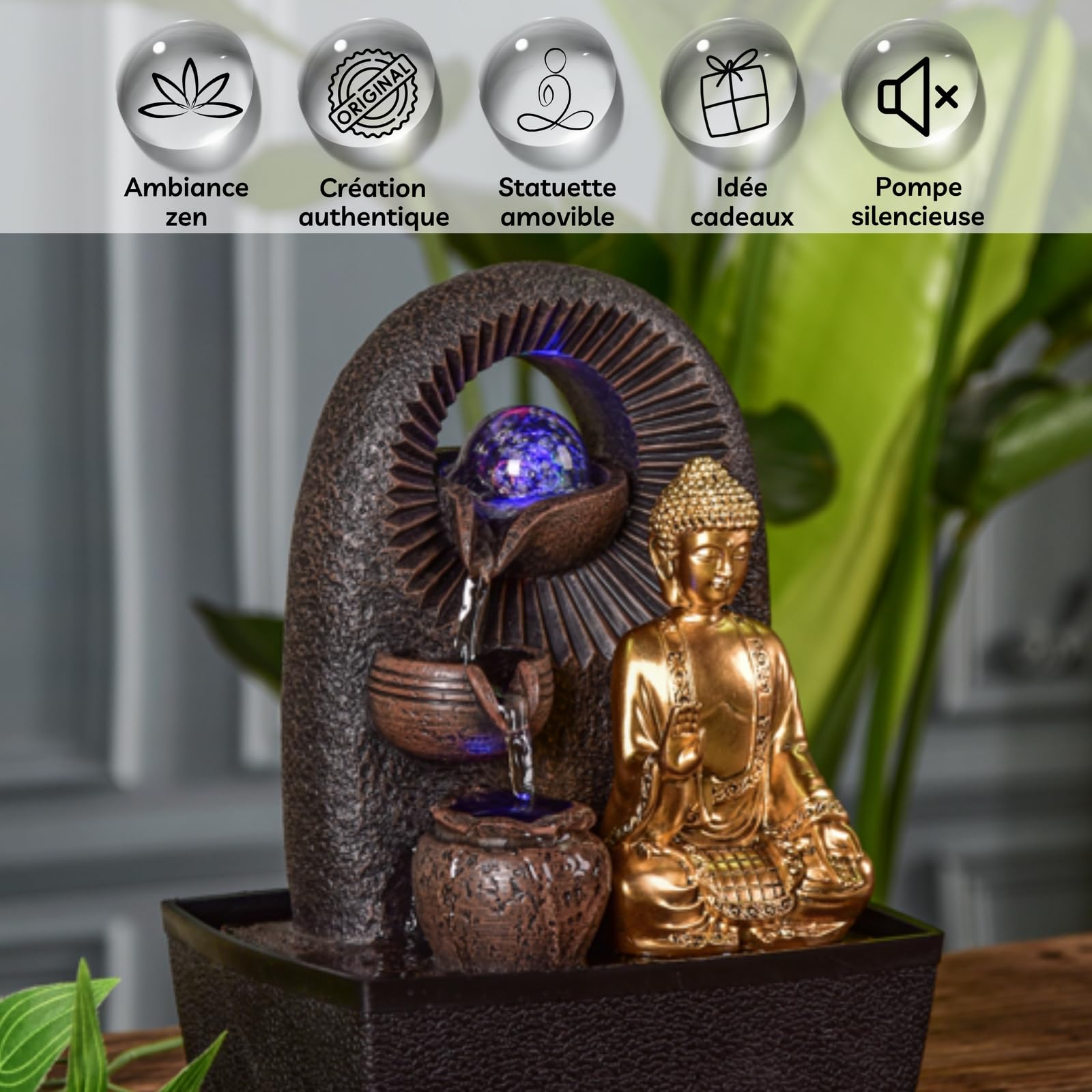 Fontana Buddha Bhava – Fontana interna Buddha rimovibile – Regali – Oggetto decorativo Zen Buddismo – Fontana da tavolo Luce LED – Circuito chiuso – Marrone e Dorato – H 26 cm – Zen'Light