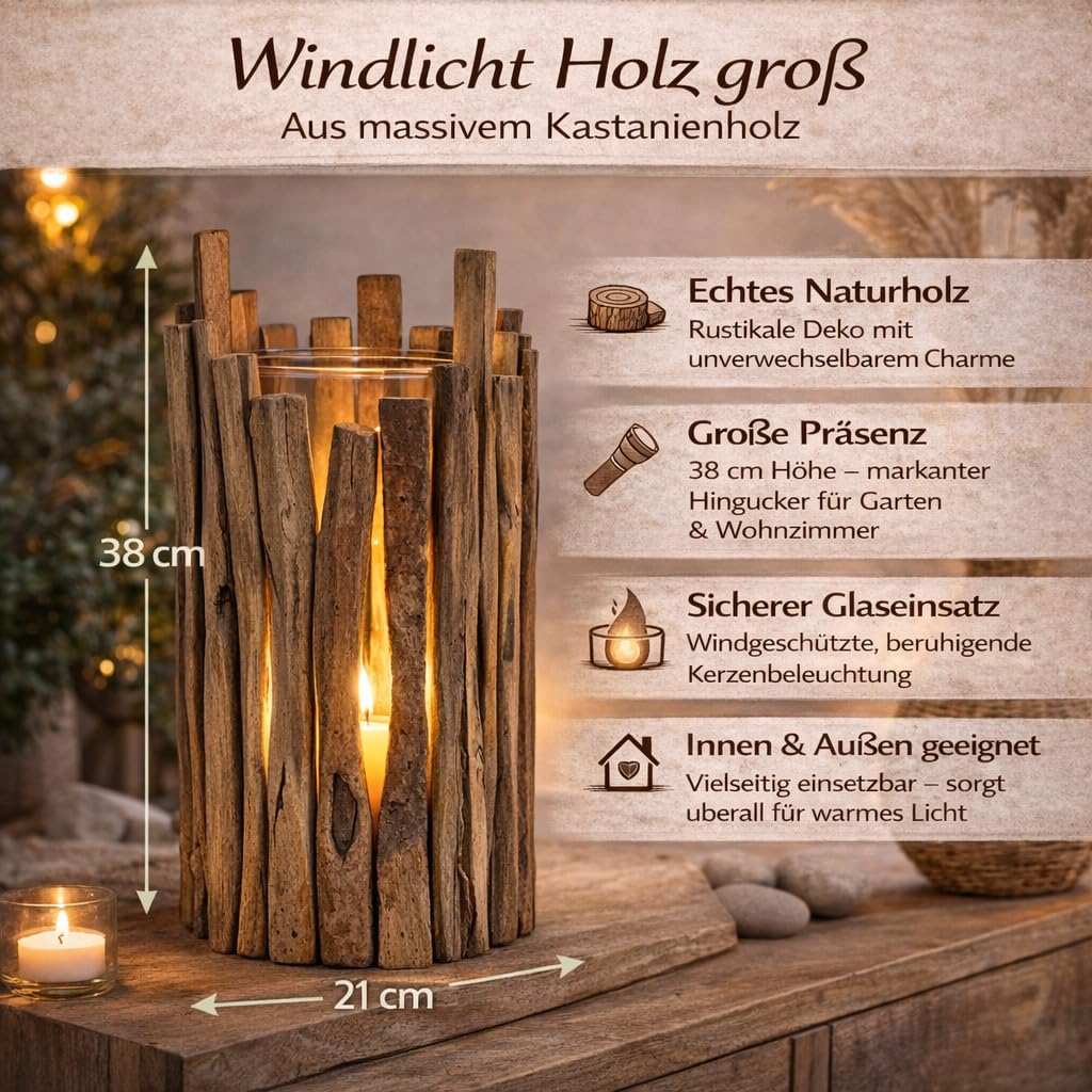 formano Windlicht Holz groß Kastanienholz Laterne 38 cm mit Glaseinsatz, rustikale Garten & Wohnzimmer Deko, massives Naturholz Teelichthalter für Terrasse, Balkon & Eingangsbereich