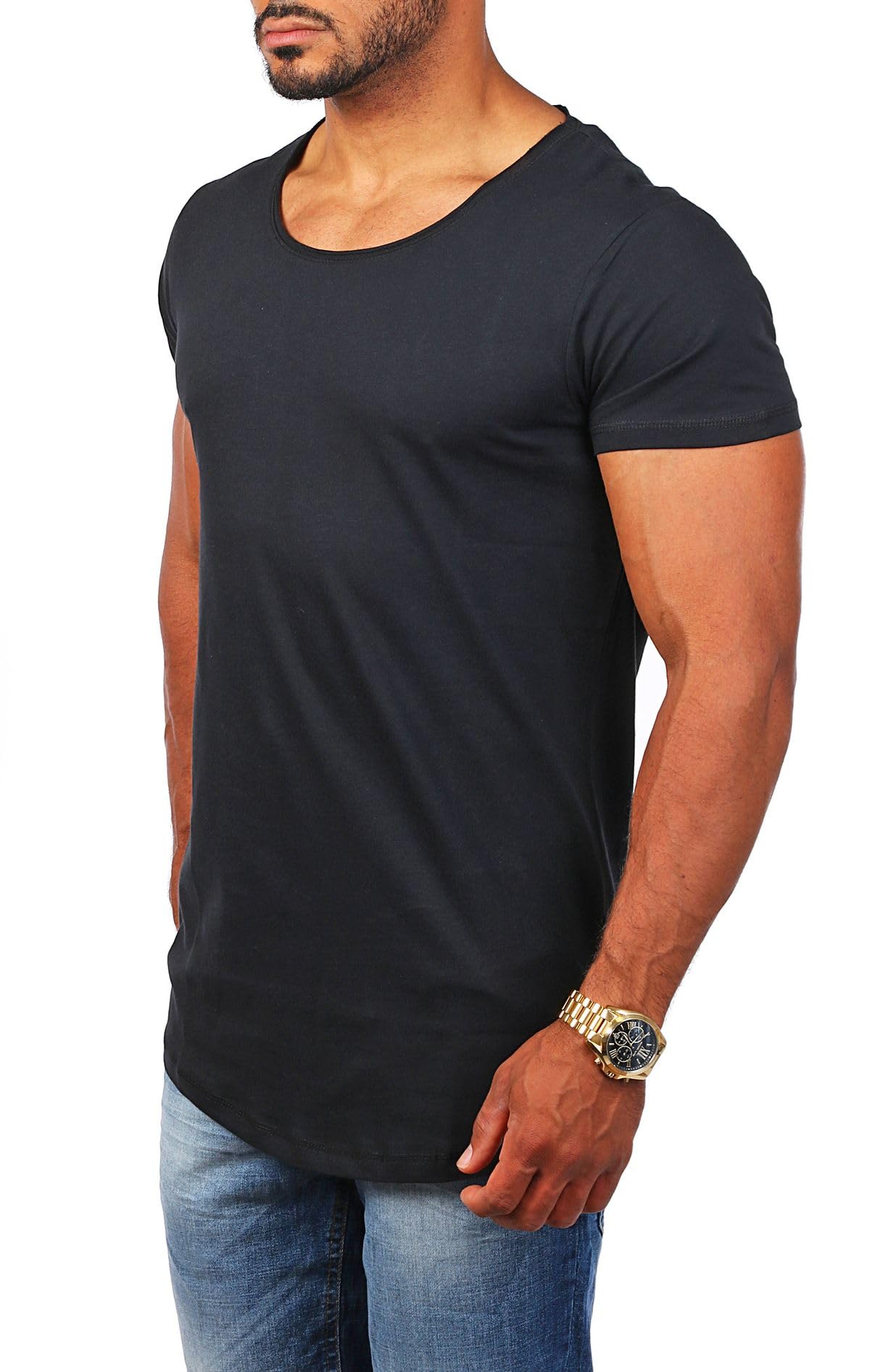 Young & Rich Herren Uni T-Shirt mit tiefem Rundhals Ausschnitt einfarbig körperbetontes Basic Tee Vintage Look 1702