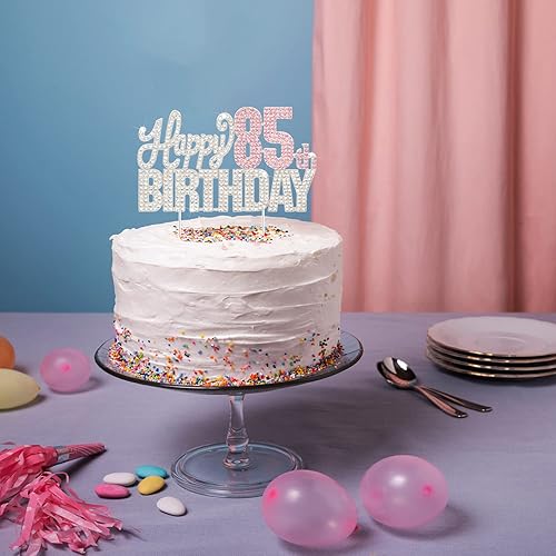 Miniatura 5 de Decoración de pastel de diamantes de imitación plateados y rosas con texto en inglés Happy 85th Birthday (Cheers to 85th Birthday (Cheers to 85th