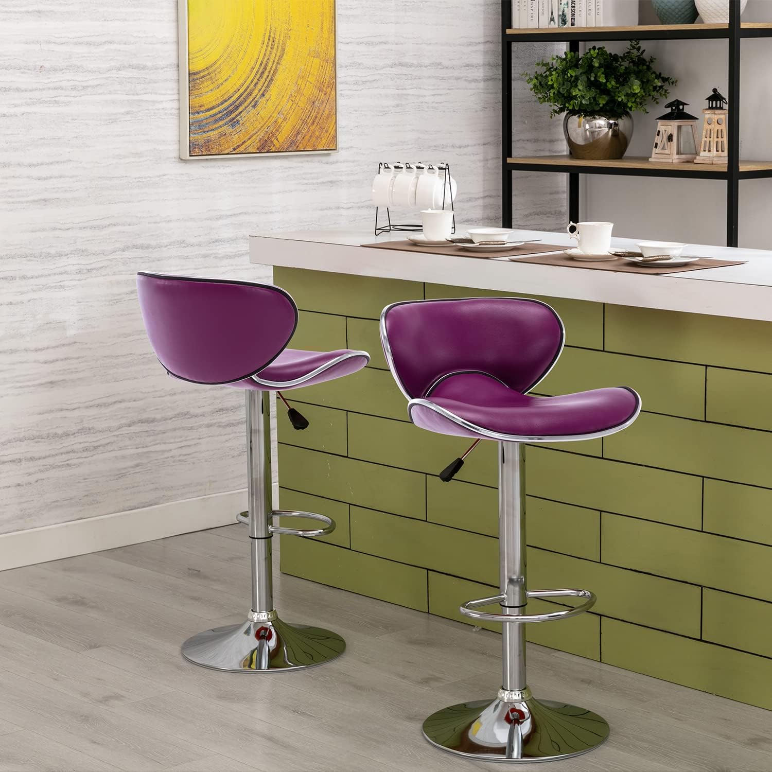 Vogue Furniture Direct PU Leather Adjustable Bar Stools, Modern Swivel Airlift Barstools with Back, Armless Counter Height Chairs for Kitchen Dining Pub Cafe Set of 2 (Purple)