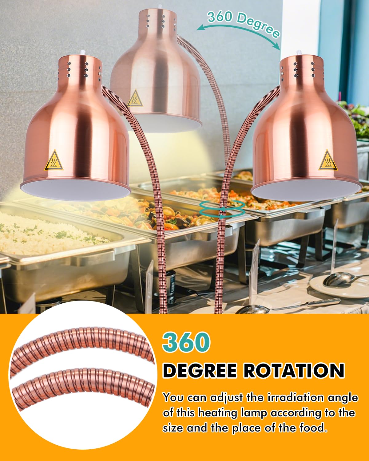 YJINGRUI Lampada termica per alimenti autoportante, 2 lampade riscaldanti da 250 W, per alimenti con tubo flessibile estensibile fino a 70 cm, per buffet ristorante cucina (Double Bulbs)