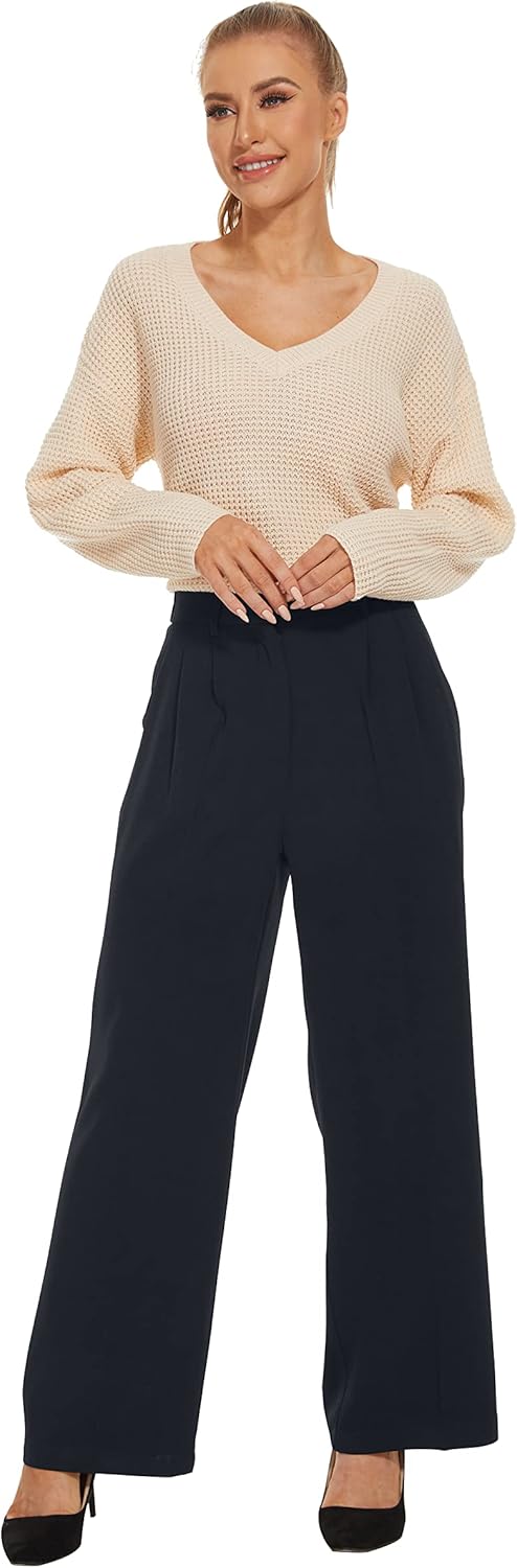 FUNYYZO Wide Leg Pants Women's High Elastic Waisted in The Back Business Work Trousers Long Straight Suit Pants Small Long 006# Royal Blue (Thick)