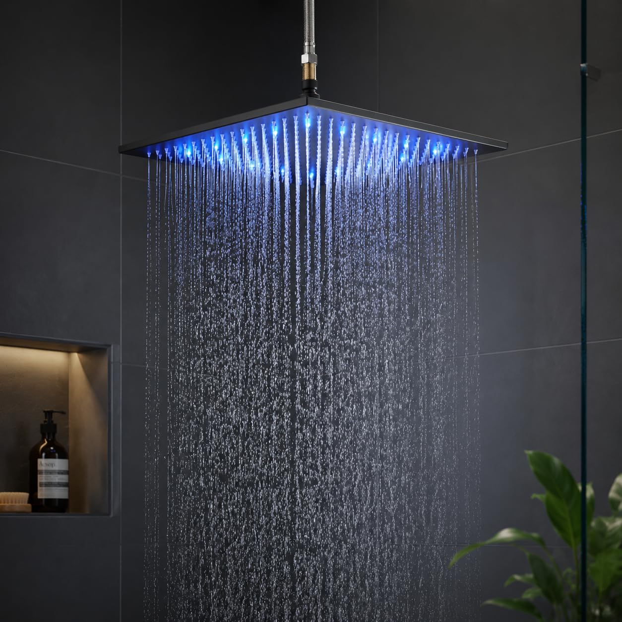 JunSheng Alcachofa de ducha LED de 16 pulgadas Alcachofa de ducha de lluvia cuadrada negra mate boquillas de silicona fáciles de limpiar grifo fijo para ducha