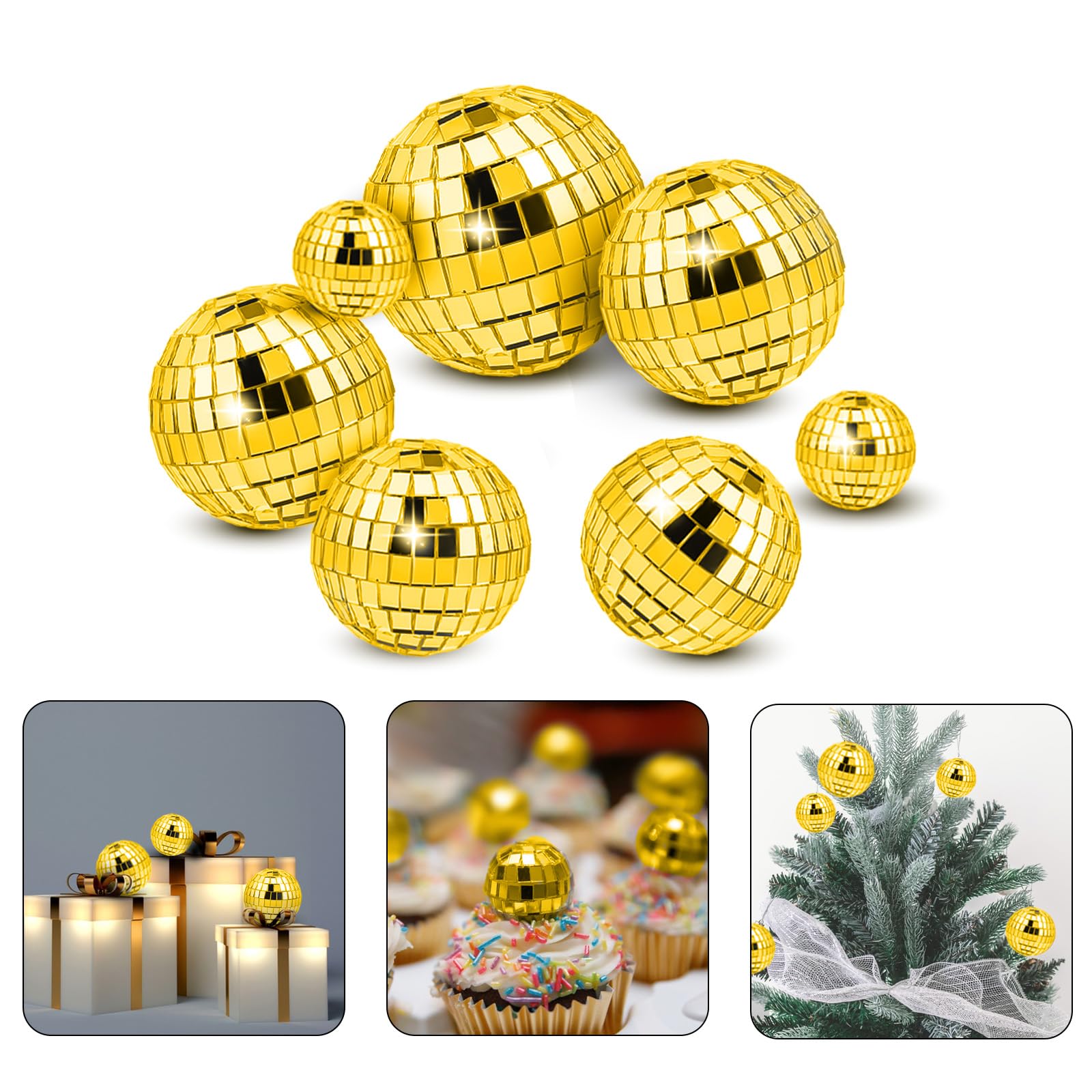 7PCS Disco Ball Cake Topper, 4 Sizes Cake Decorations, 70s Themed Dance Party Supplies, Mini Balls for Decor Ornament (Gold)