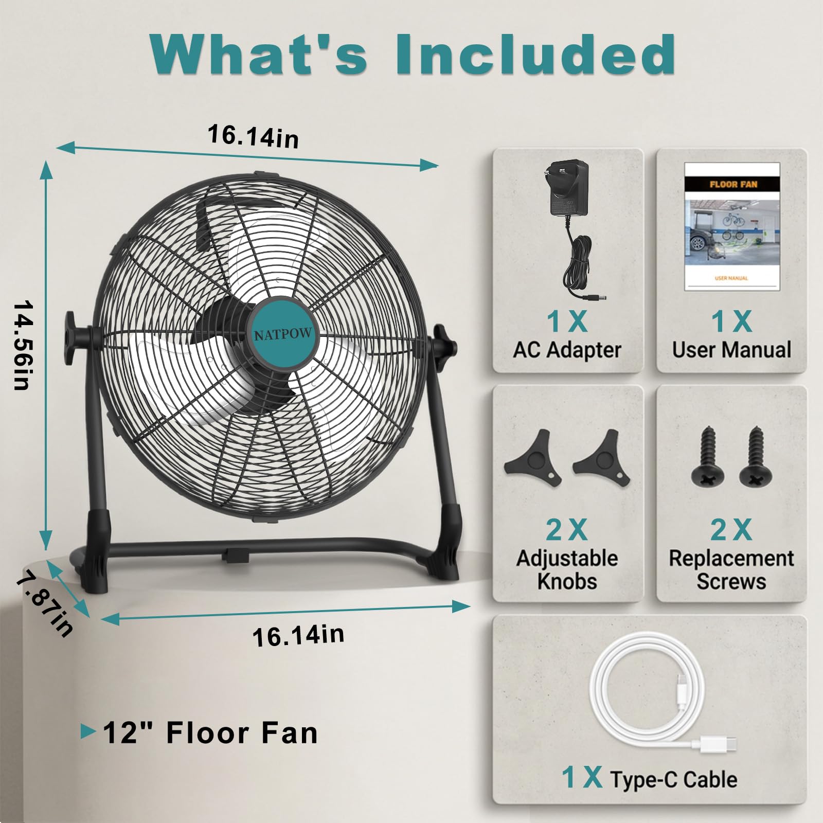 NATPOW Akku Bodenventilator, Kompatibel mit Makita 18V-Akkus, 30cm Ventilator Leise mit Typ C und USB-Aufladung, Stufenlos Drehzahlregelung mit Adapter für Strand Camping Baustelle, Kein Akku