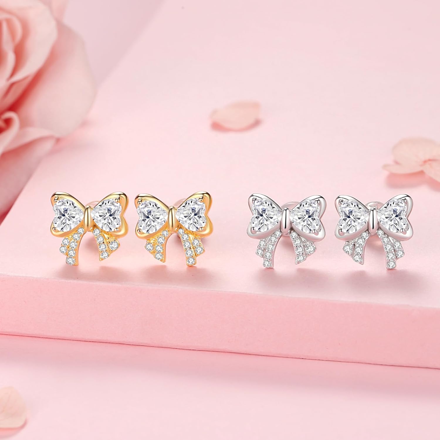 Hypoallergenic Bow Earrings for Women Trendy: 925 Sterling Silver Pearl Earrings White Gold/Gold Cubic Zirconia Earrings Studs for Sensitive Ears Christmas Jewelry - Image 5