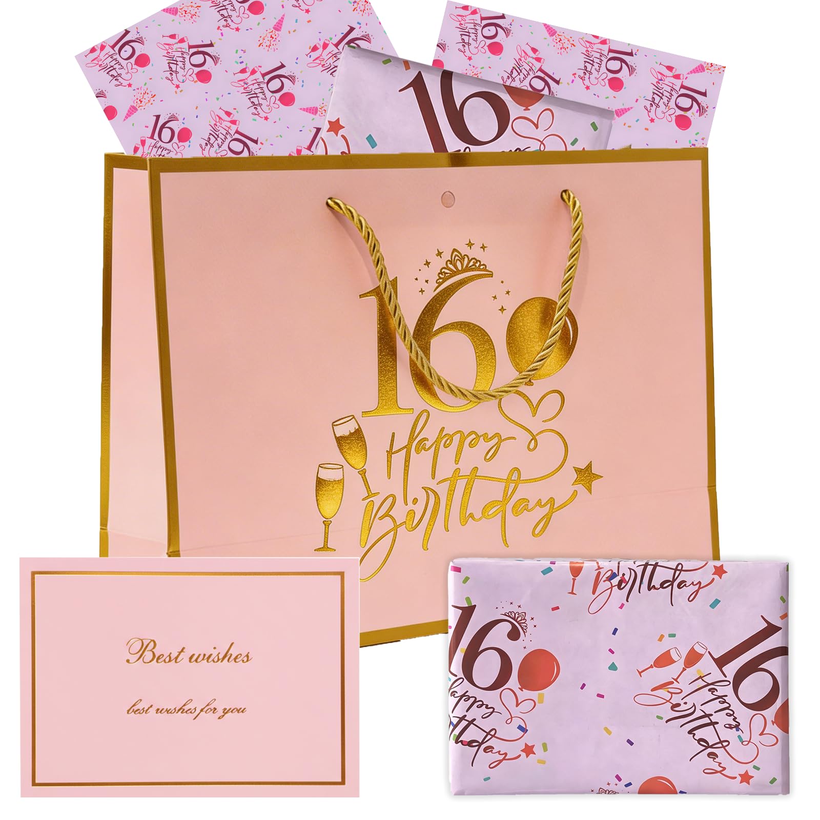 16th Birthday Gift Bag with Card & Wrapping Paper, Pink Gold Foil Keepsake Present Bags for Girls Her Best Wishes, Elegant 16 Year Old Anniversary Party Christmas Decorations Supplies