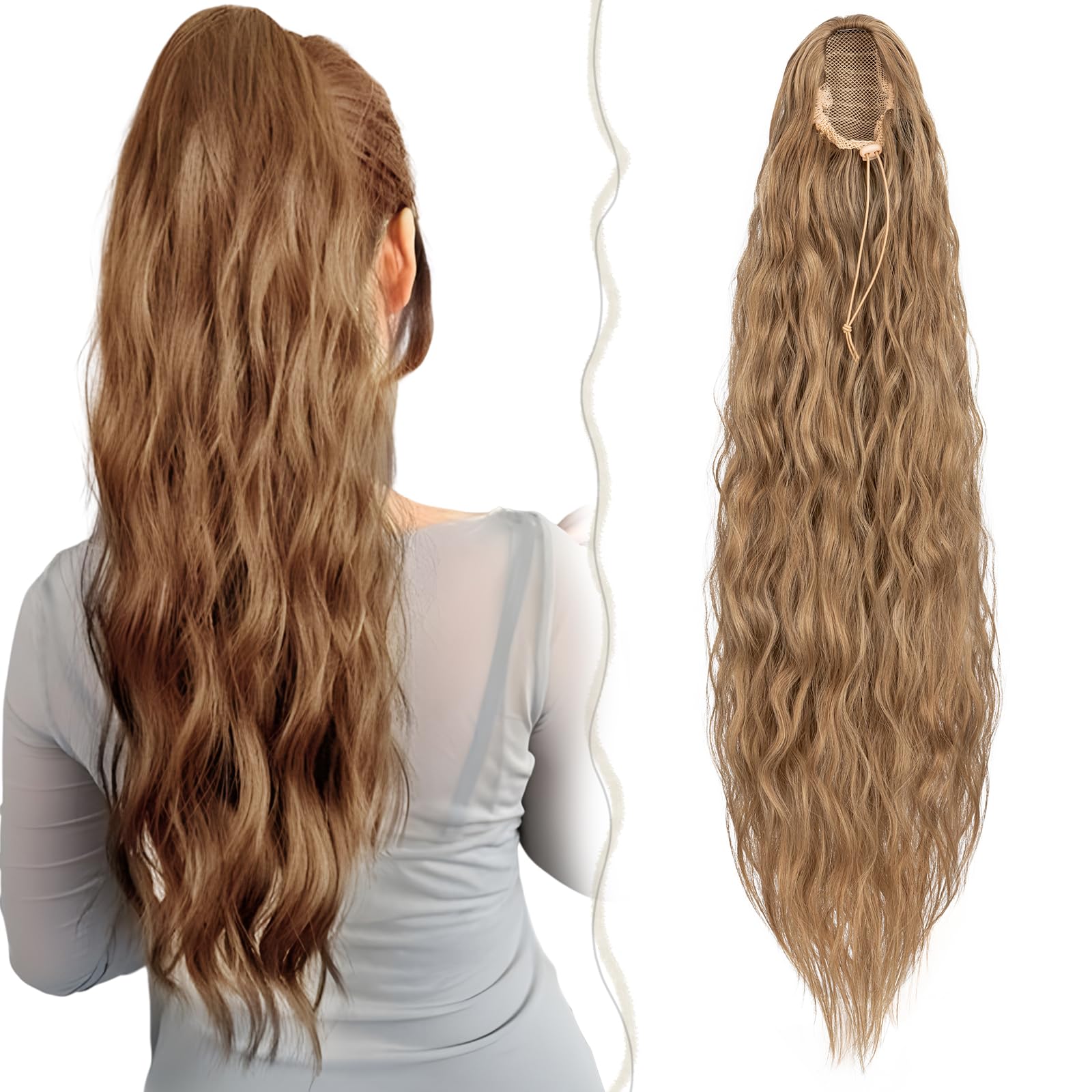 TESS 32 Inches Drawstring Ponytail Extension, Corn Curl Hair Pieces for Women 155g Curly Ponytail Extension, Light Brown