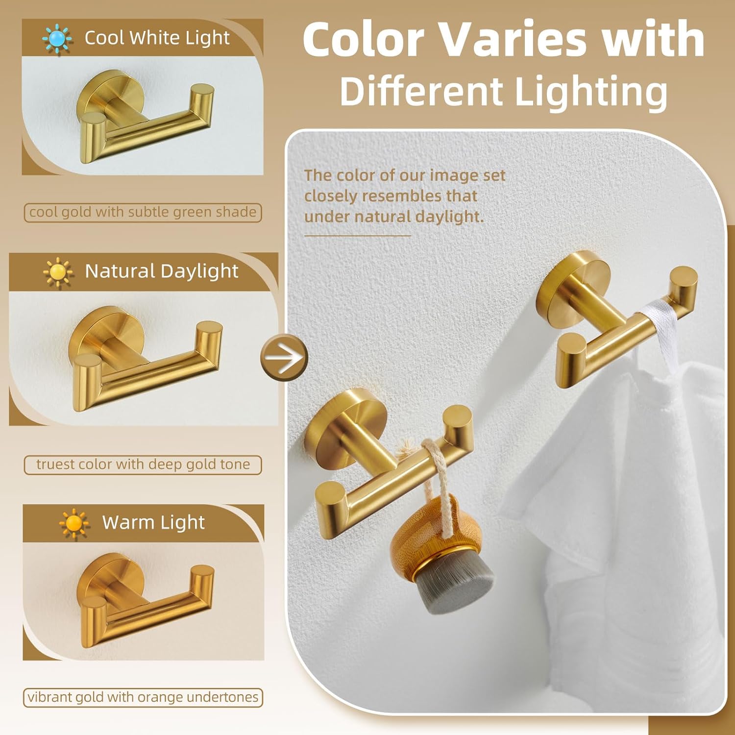 Angle Simple Towel Double Hook Brushed Dark Gold 2 PCS, SUS304 Stainless Steel Bathroom Hand Towel Holder, Double Robe Hook, Wall Mount