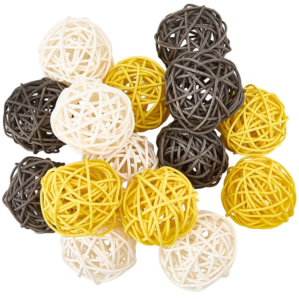 SUNNYCLUE 15Pcs 3 Colors Wicker Rattan Balls Decorative Rattan Balls 2 Inch Black White Yellow Orbs Vase Bowls Fillers Wicker Hanging Ornaments for Home Ornament Garden Wedding Party Decoration