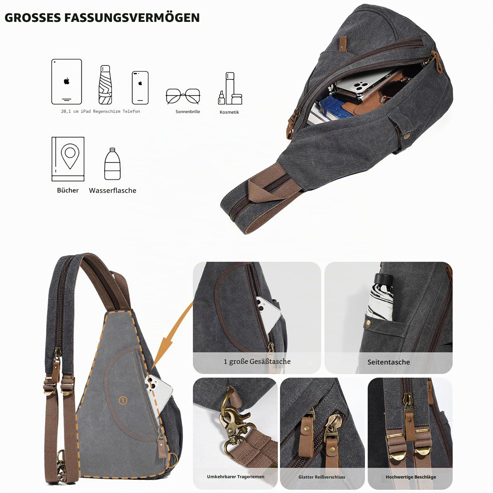 KL928 Canvas Sling Bag Rucksack Damen und Herren – Schulterrucksack Umhängetasche Crossbag Verstellbarem Schultergurt Perfekt für Outdoorsport, Wandern, Radfahren, Bergsteigen, Reisen