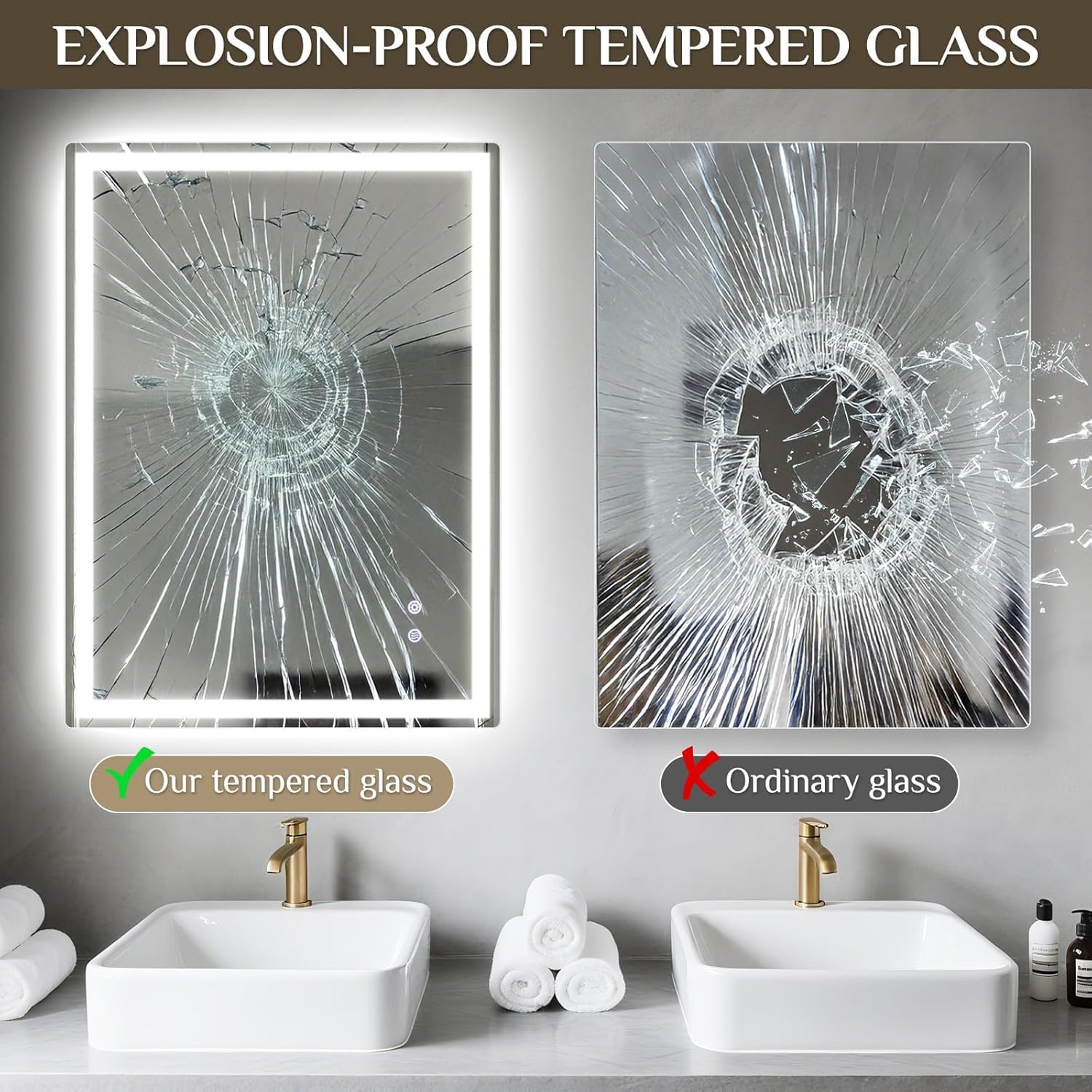 Clevich Badspiegel mit Beleuchtung 80 x 60 cm, LED Spiegel mit 3 Lichtfarben und dimmbar, Touch-Schalter und Beschlagfrei, gehärtetes Glas, Badezimmerspiegel mit Licht